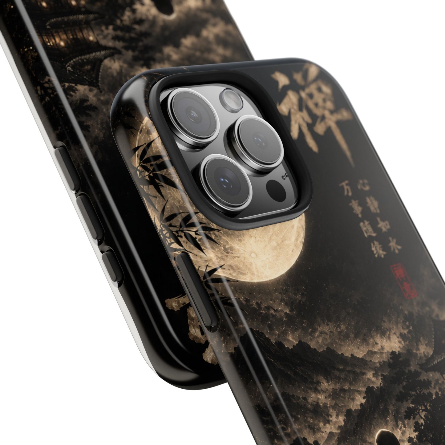 Zen Moon Tough Phone Case — Meditating Silhouette with Japanese Calligraphy