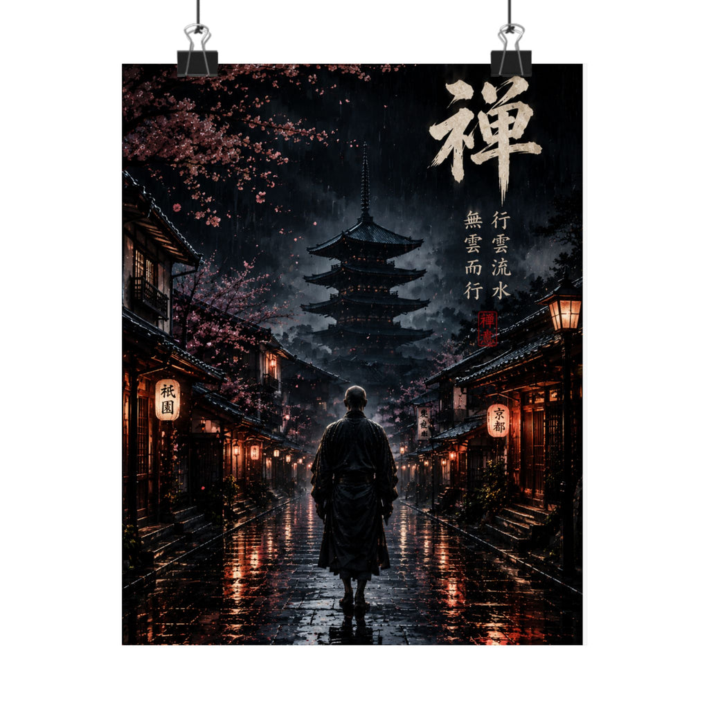 Zen Samurai Matte Poster — Japanese Pagoda Nightscape with Kanji