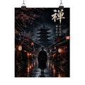 Zen Samurai Matte Poster — Japanese Pagoda Nightscape with Kanji