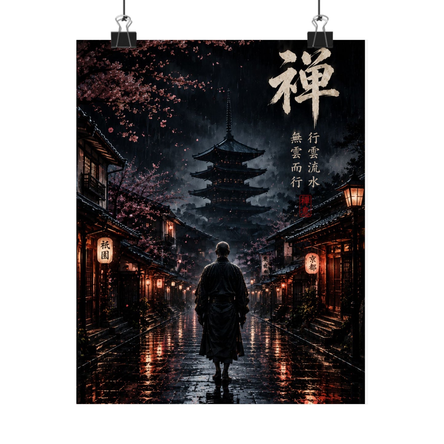 Zen Samurai Matte Poster — Japanese Pagoda Nightscape with Kanji