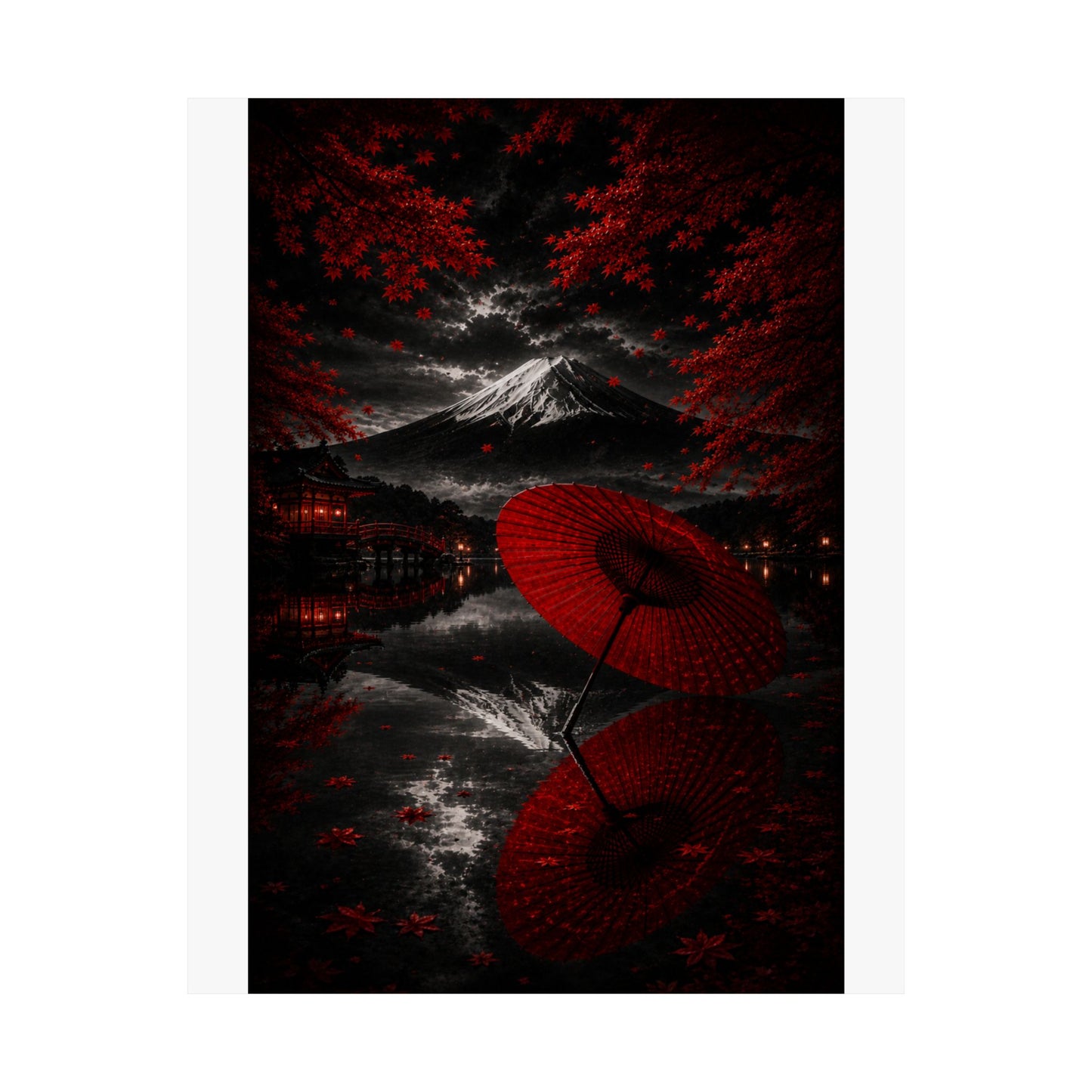 Japanese Red Umbrella & Mount Fuji Matte Poster — Vertical Wall Art