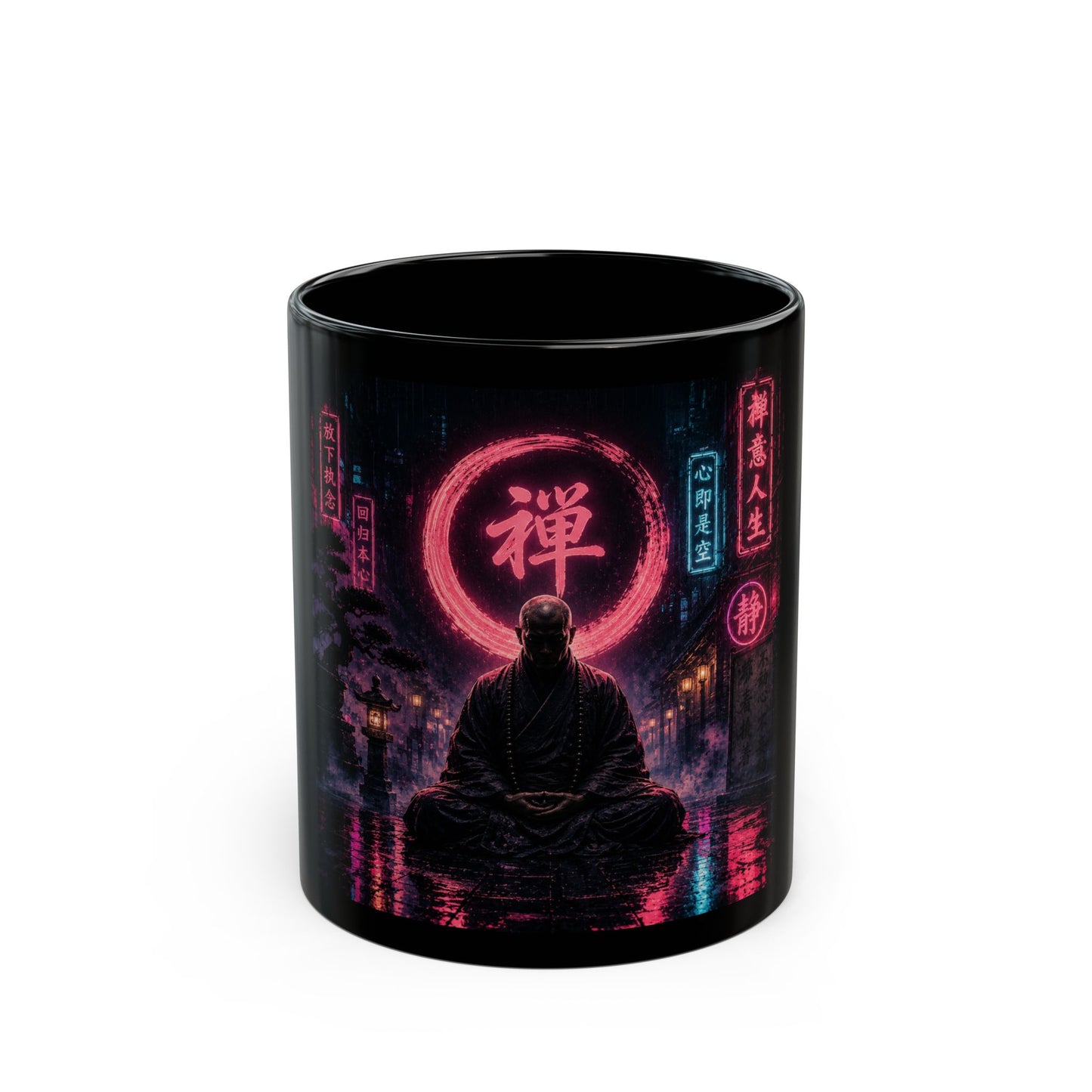 Zen Neon Mug — Cyberpunk Monk with Kanji "Zen" Coffee Cup (11oz/15oz)