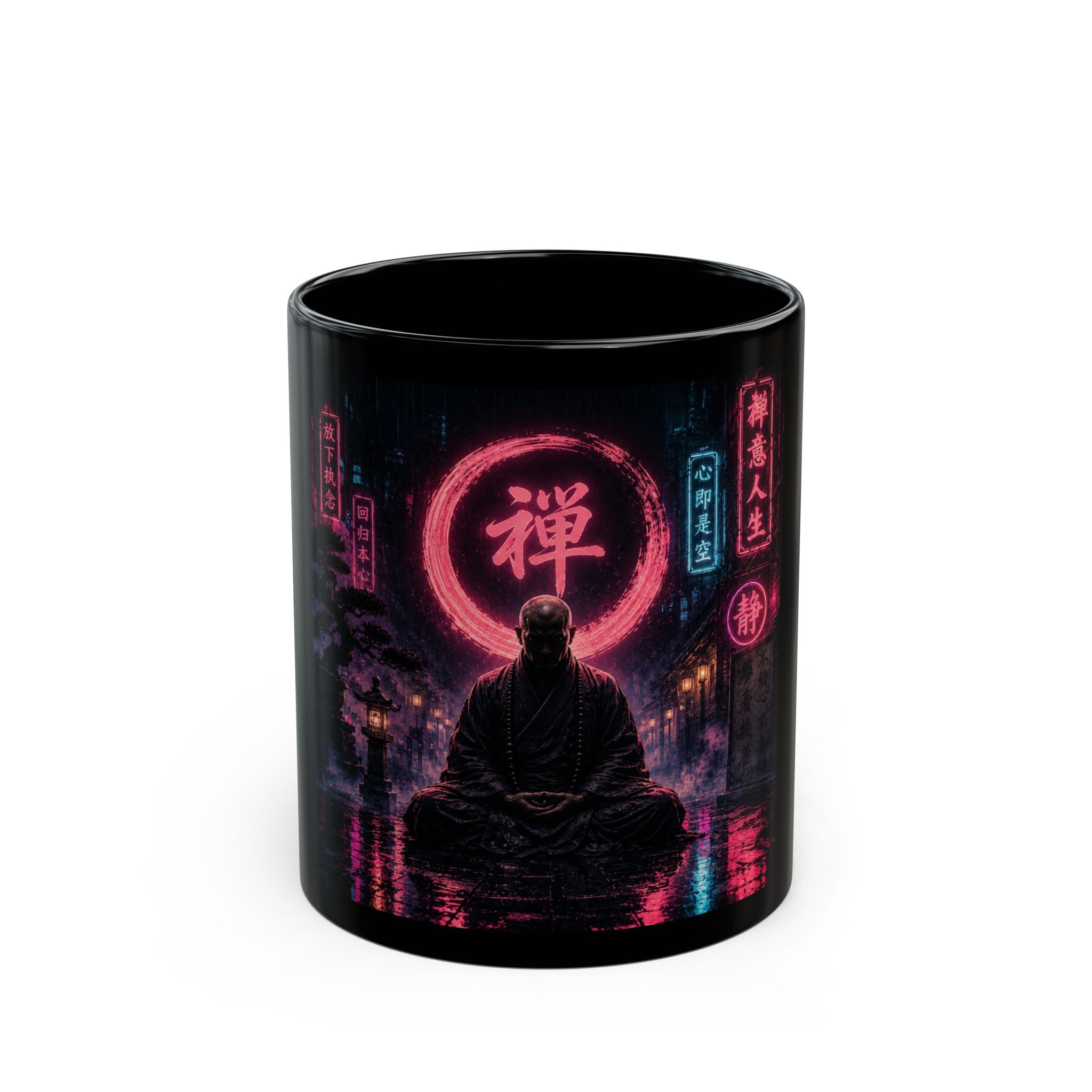 Zen Neon Mug — Cyberpunk Monk with Kanji "Zen" Coffee Cup (11oz/15oz)