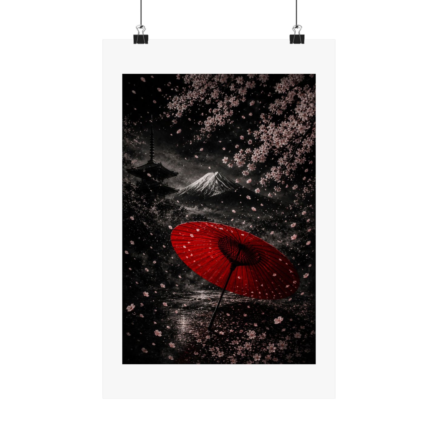 Japanese Cherry Blossom Poster — Red Umbrella & Mt. Fuji Matte Vertical Art