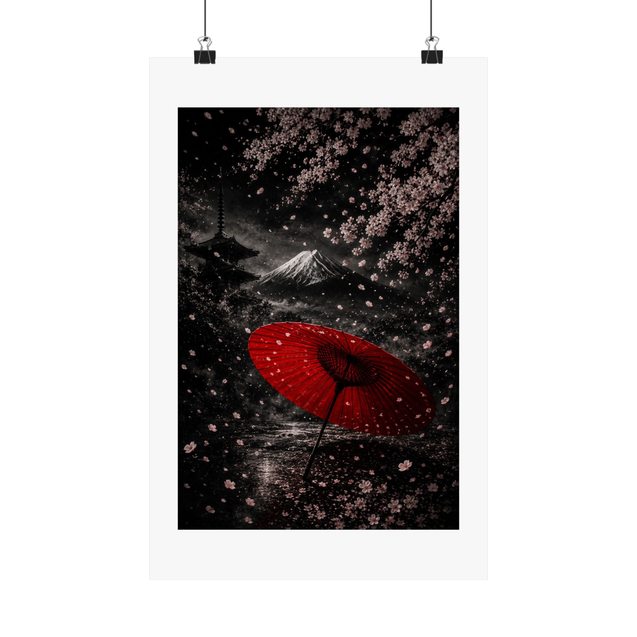 Japanese Cherry Blossom Poster — Red Umbrella & Mt. Fuji Matte Vertical Art