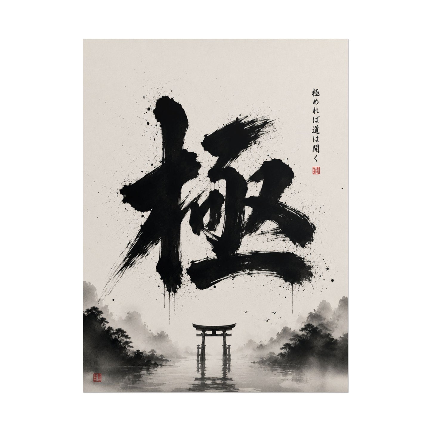 FUJI NOIR Poster — '極' Japanese Calligraphy Rolled Art Print