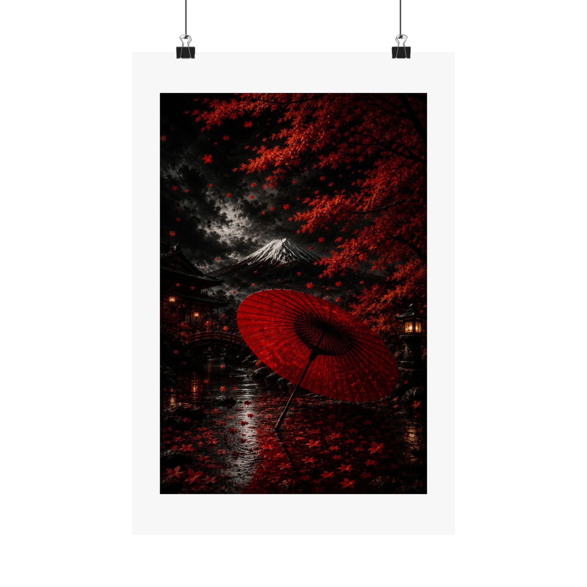 Red Umbrella Autumn Poster — Matte Vertical Japanese Landscape Print