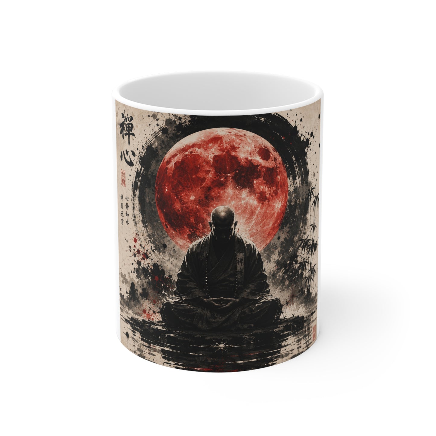Zen Monk Red Moon Mug — Meditative Samurai Tea Cup with Japanese Calligraphy