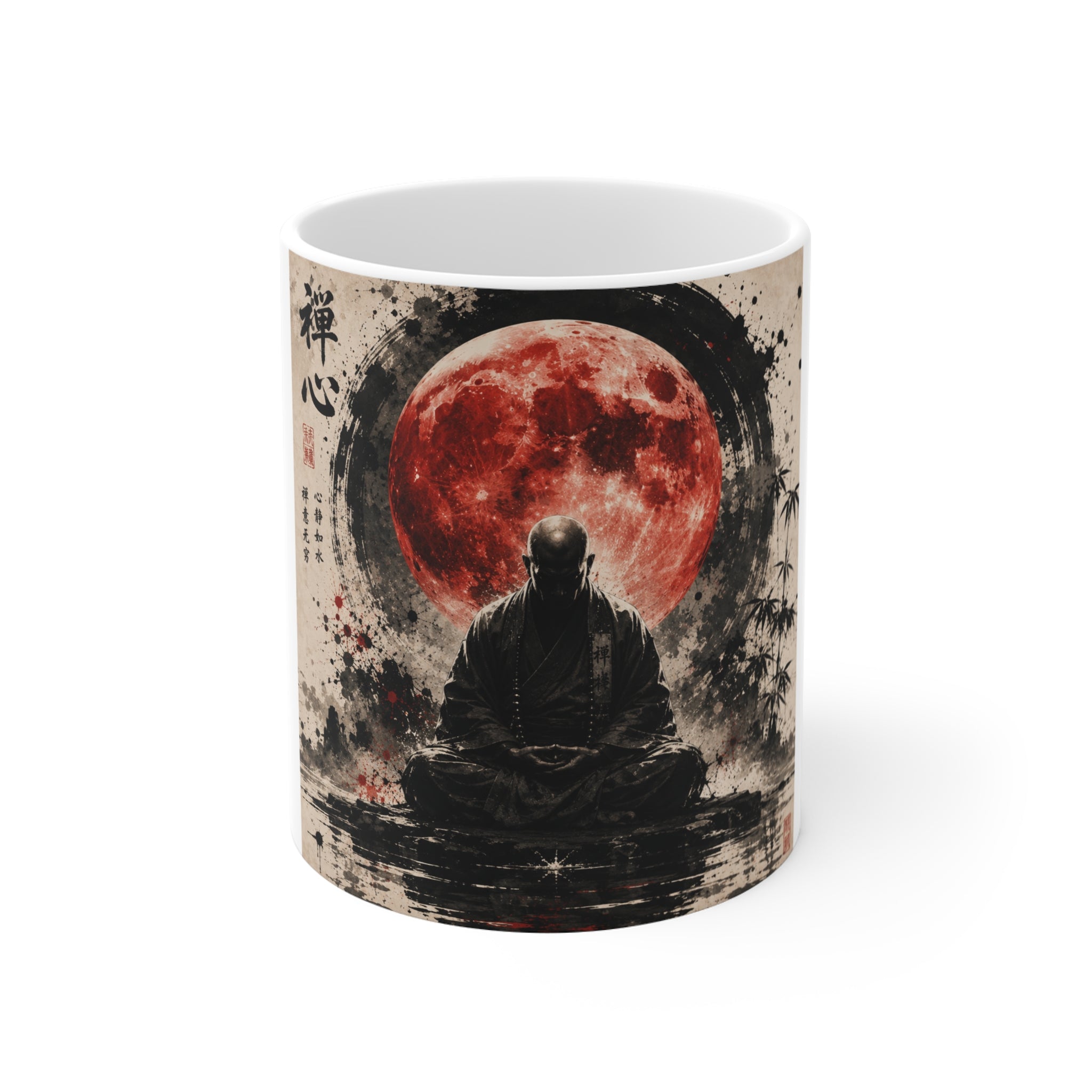 Zen Monk Red Moon Mug — Meditative Samurai Tea Cup with Japanese Calligraphy