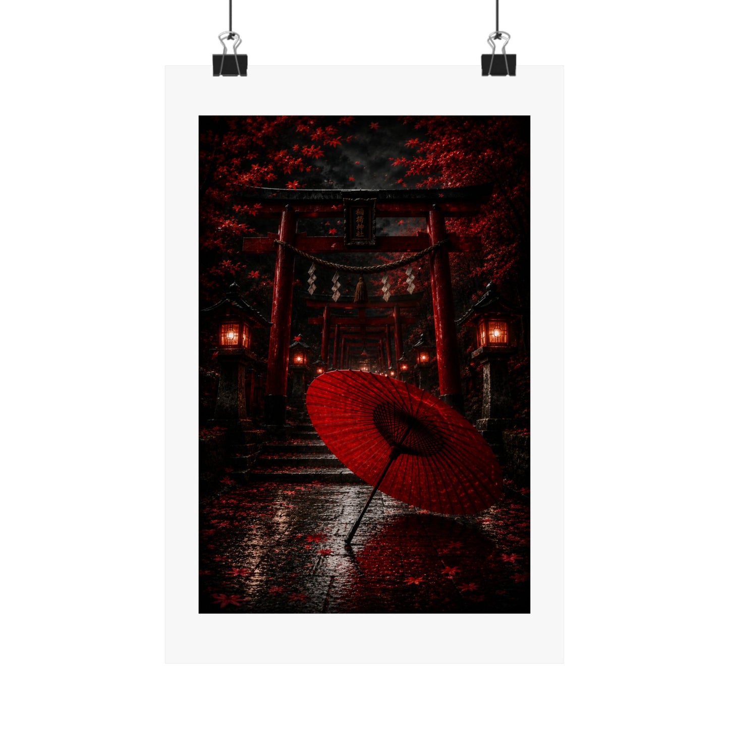 Japanese Torii Gate Poster — Red Umbrella Nightfall Matte Vertical Art