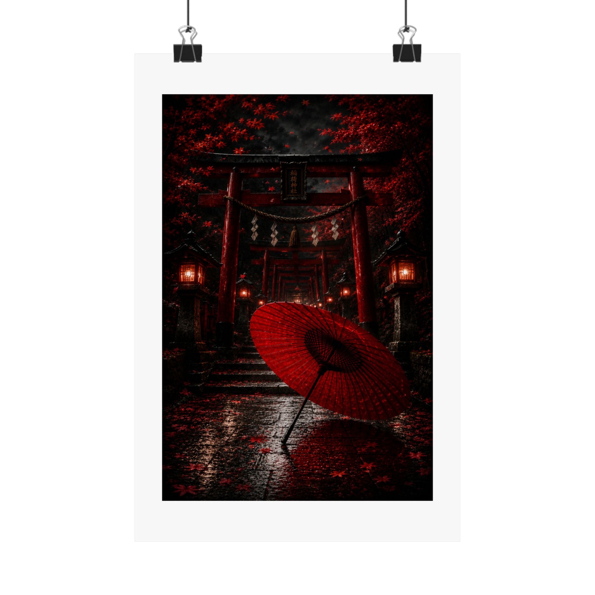 Japanese Torii Gate Poster — Red Umbrella Nightfall Matte Vertical Art