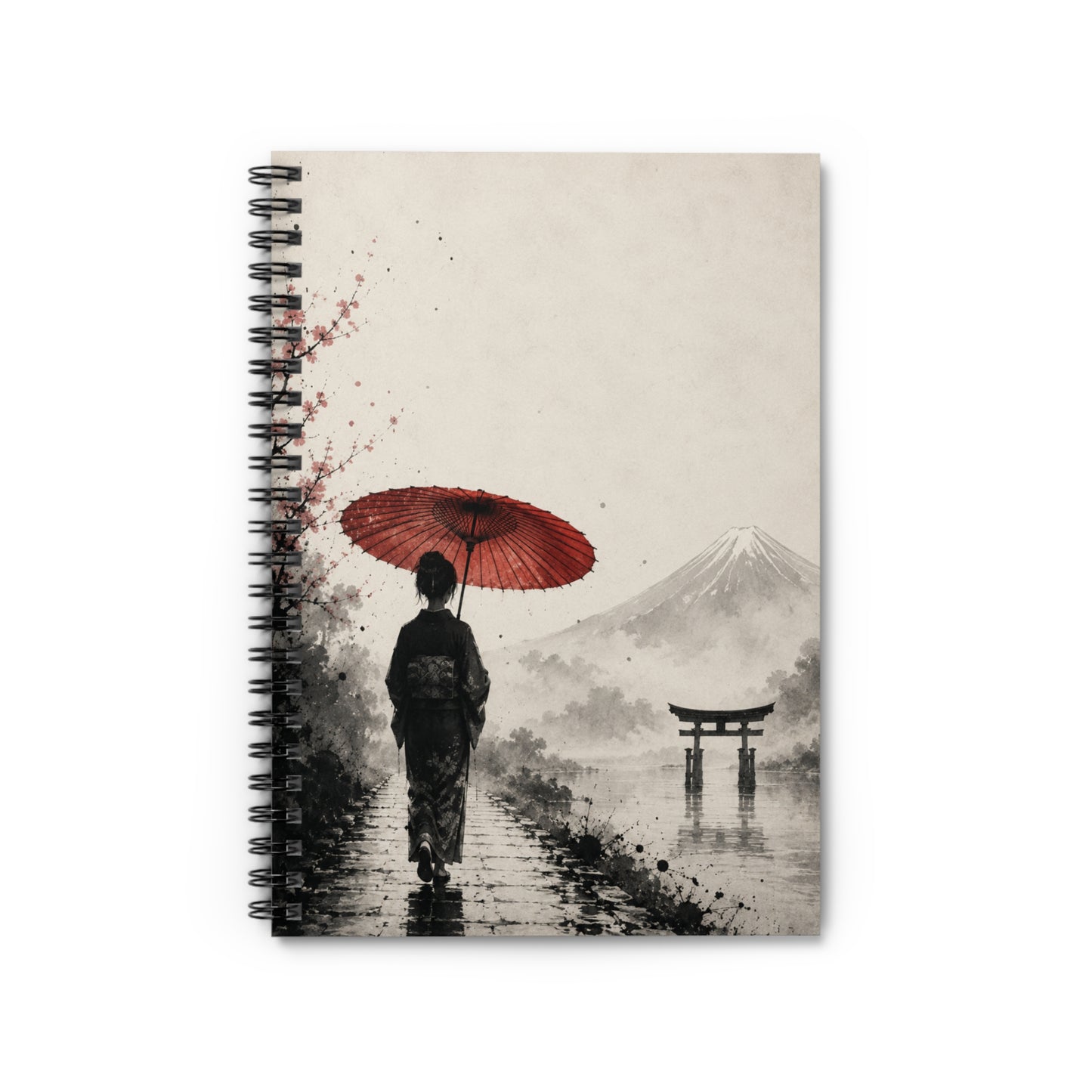 Japanese Geisha Notebook — Red Umbrella & Mount Fuji Spiral Journal (Ruled)