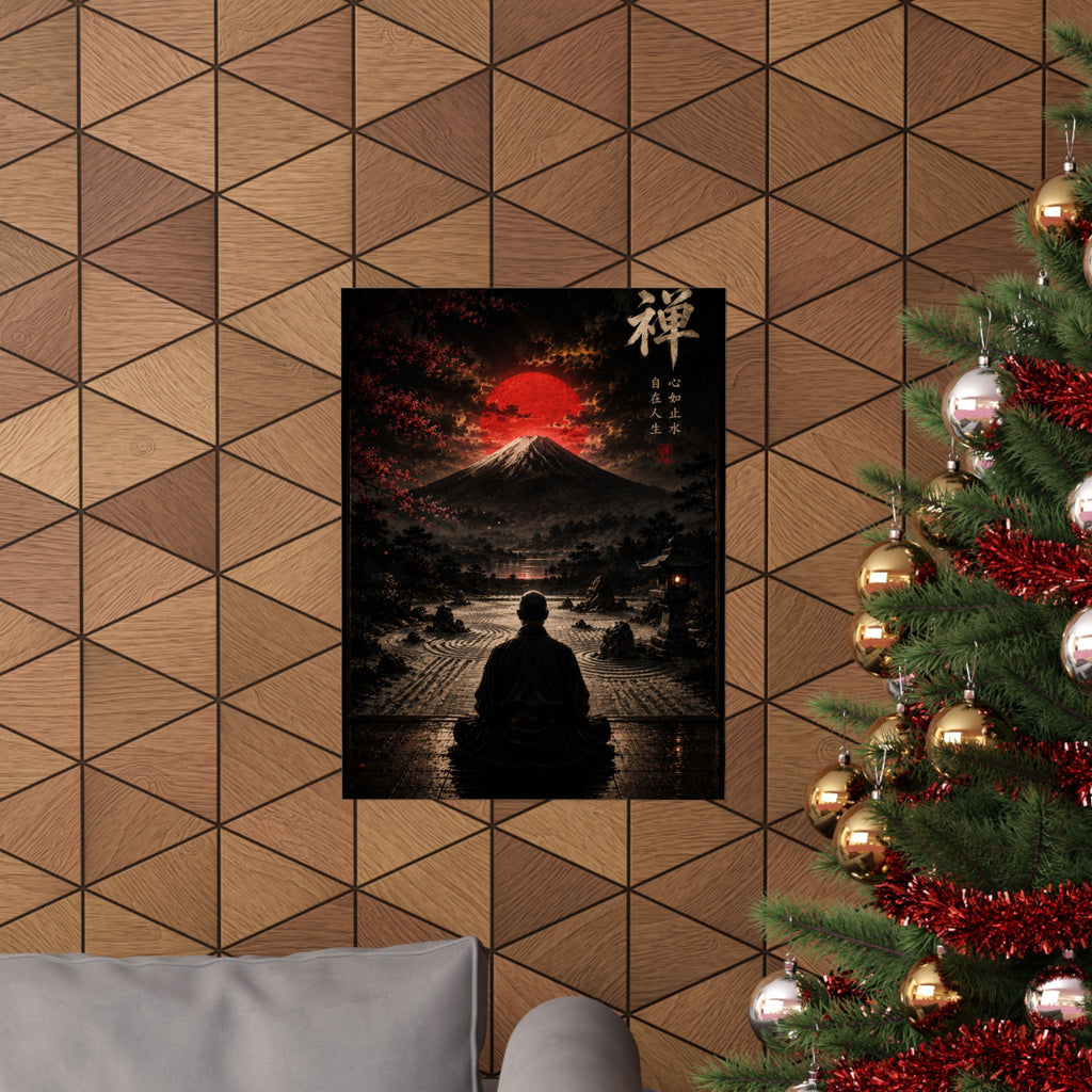 Zen Meditation Poster — Mount Fuji with Red Sun Matte Vertical Art