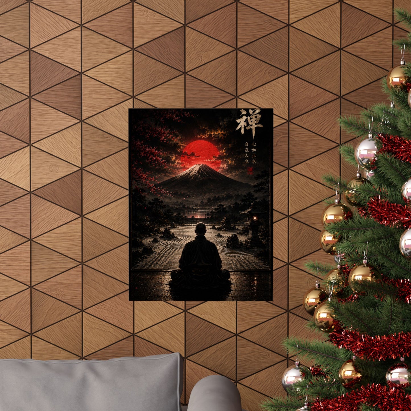 Zen Meditation Poster — Mount Fuji with Red Sun Matte Vertical Art