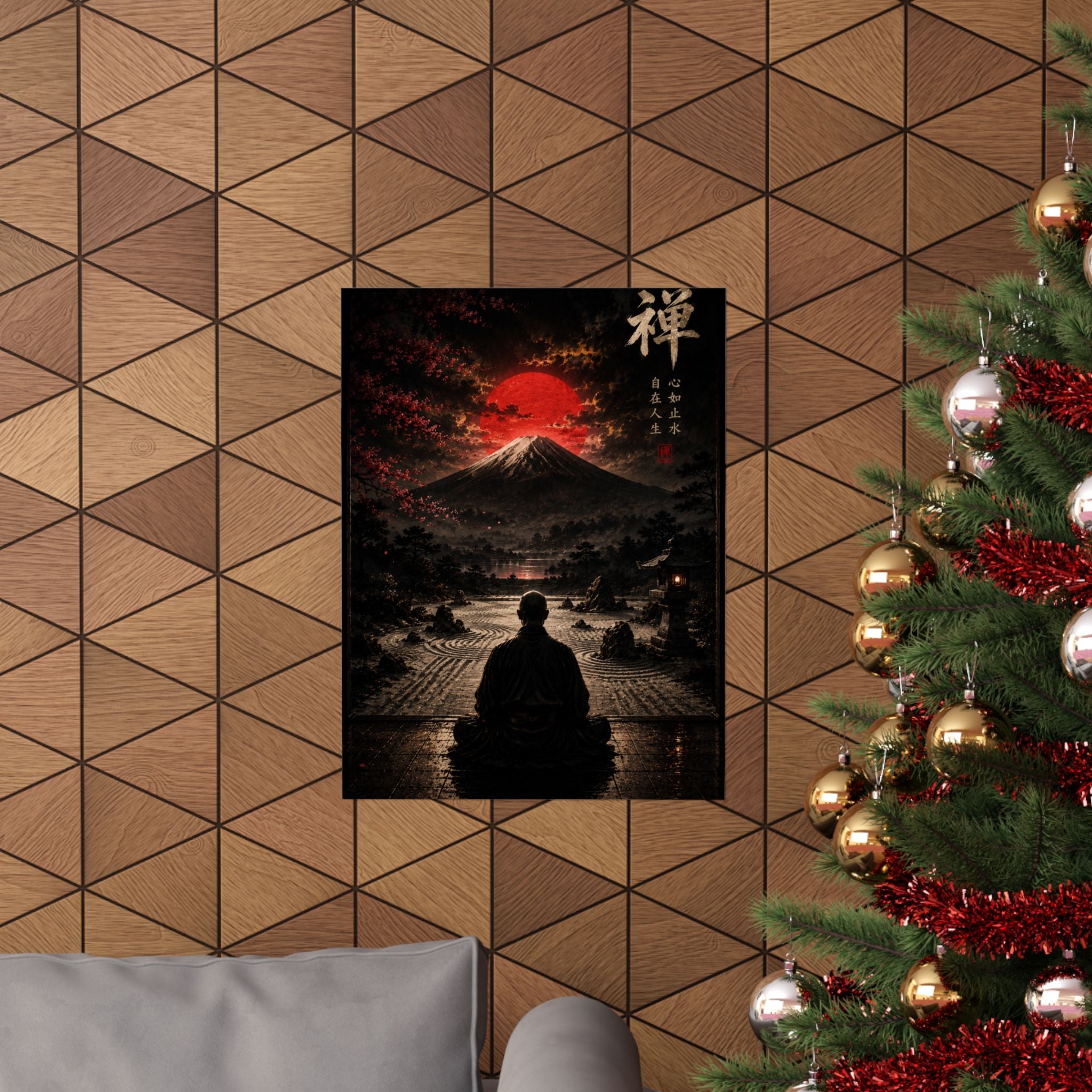 Zen Meditation Poster — Mount Fuji with Red Sun Matte Vertical Art