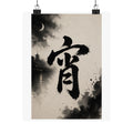 Sumi-e Moonlit Kanji Poster — Matte Vertical Japanese Calligraphy Wall Art
