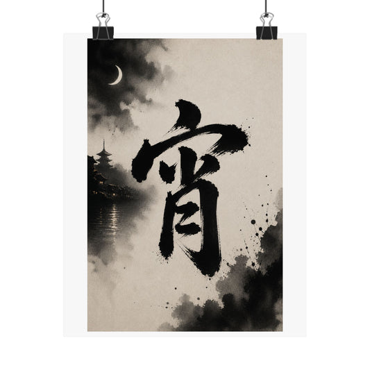 Sumi-e Moonlit Kanji Poster — Matte Vertical Japanese Calligraphy Wall Art