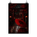 Japanese Torii Gate Poster — Red Umbrella Nightfall Matte Vertical Art