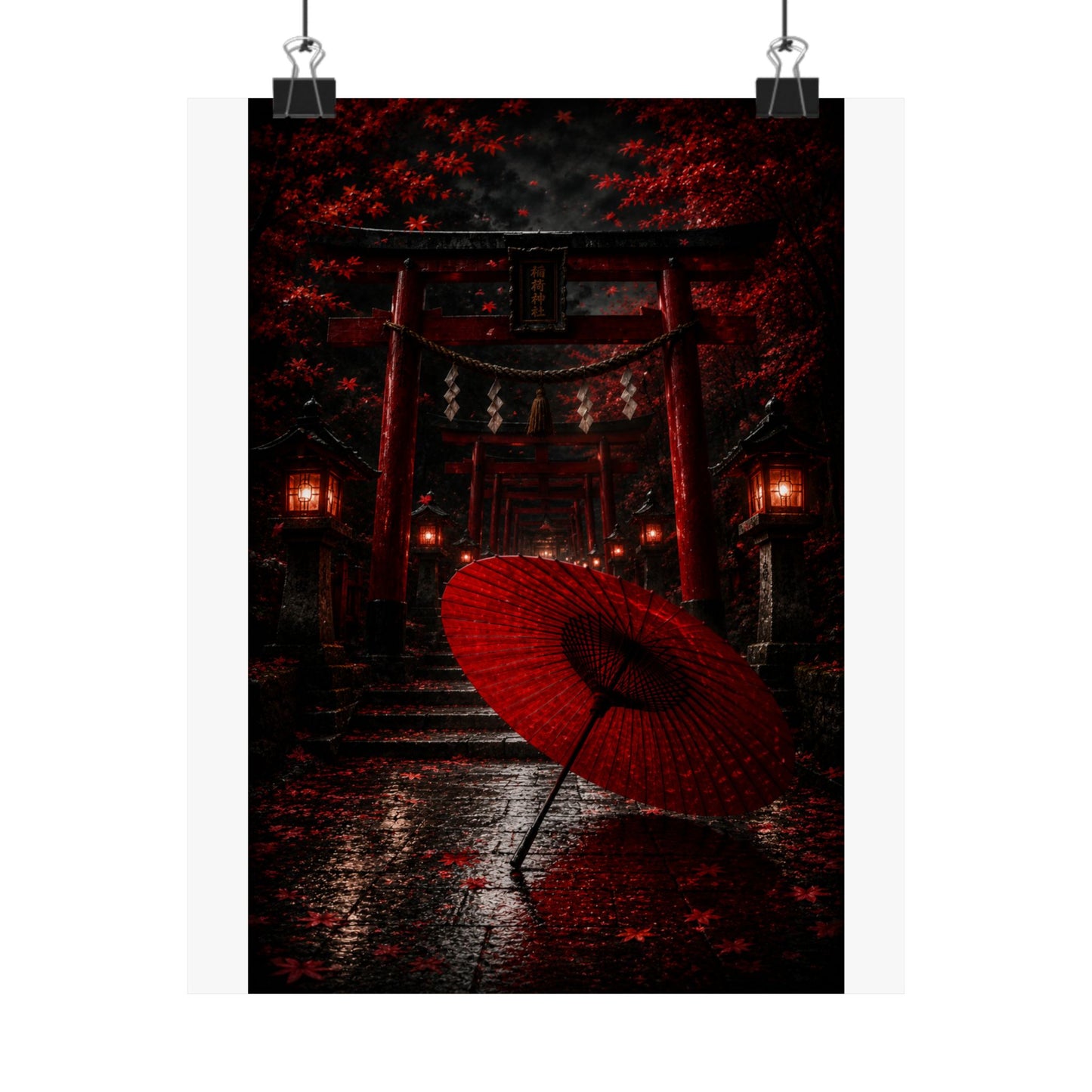 Japanese Torii Gate Poster — Red Umbrella Nightfall Matte Vertical Art