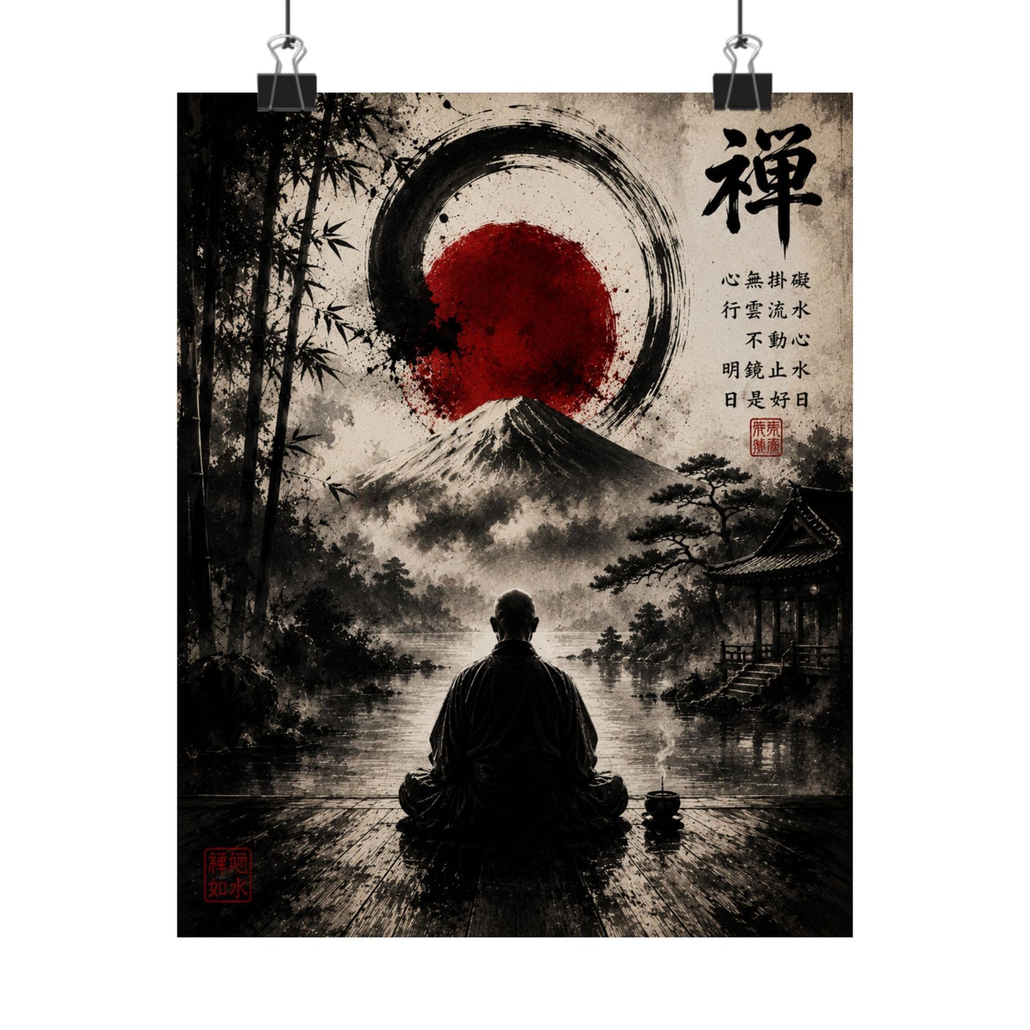FUJI NOIR Zen Meditation Poster — Japanese Mountain & Enso Art Matte Vertical Print