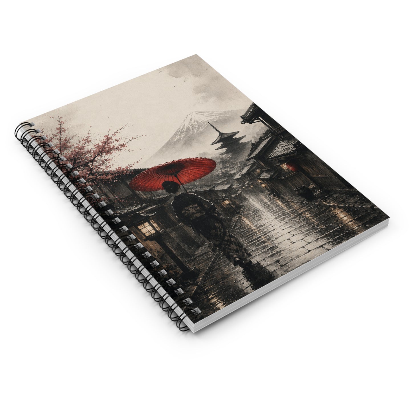 Japanese Street Scene Notebook — Sakura, Geisha & Mount Fuji Spiral Journal