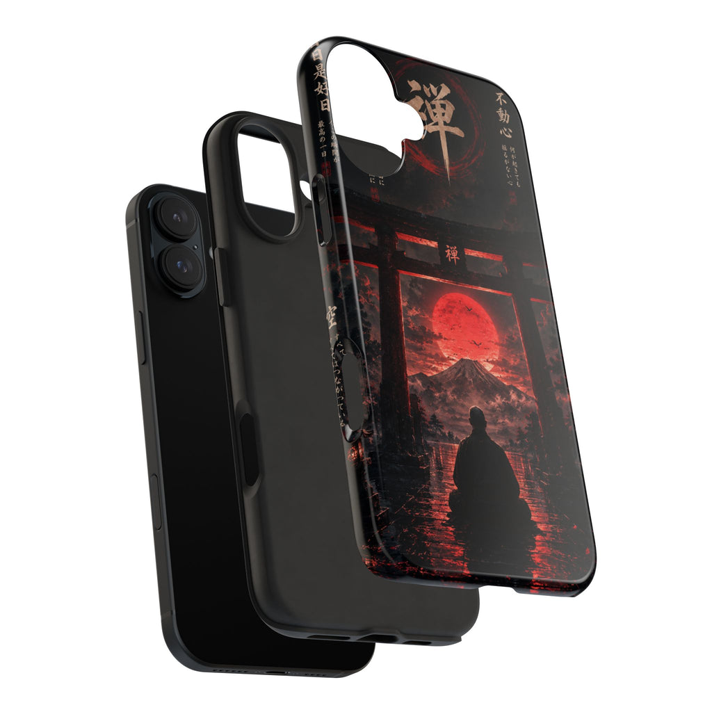 Tough Phone Case — Samurai Silhouette at Red Rising Sun (Japanese Torii, Meditative Design)