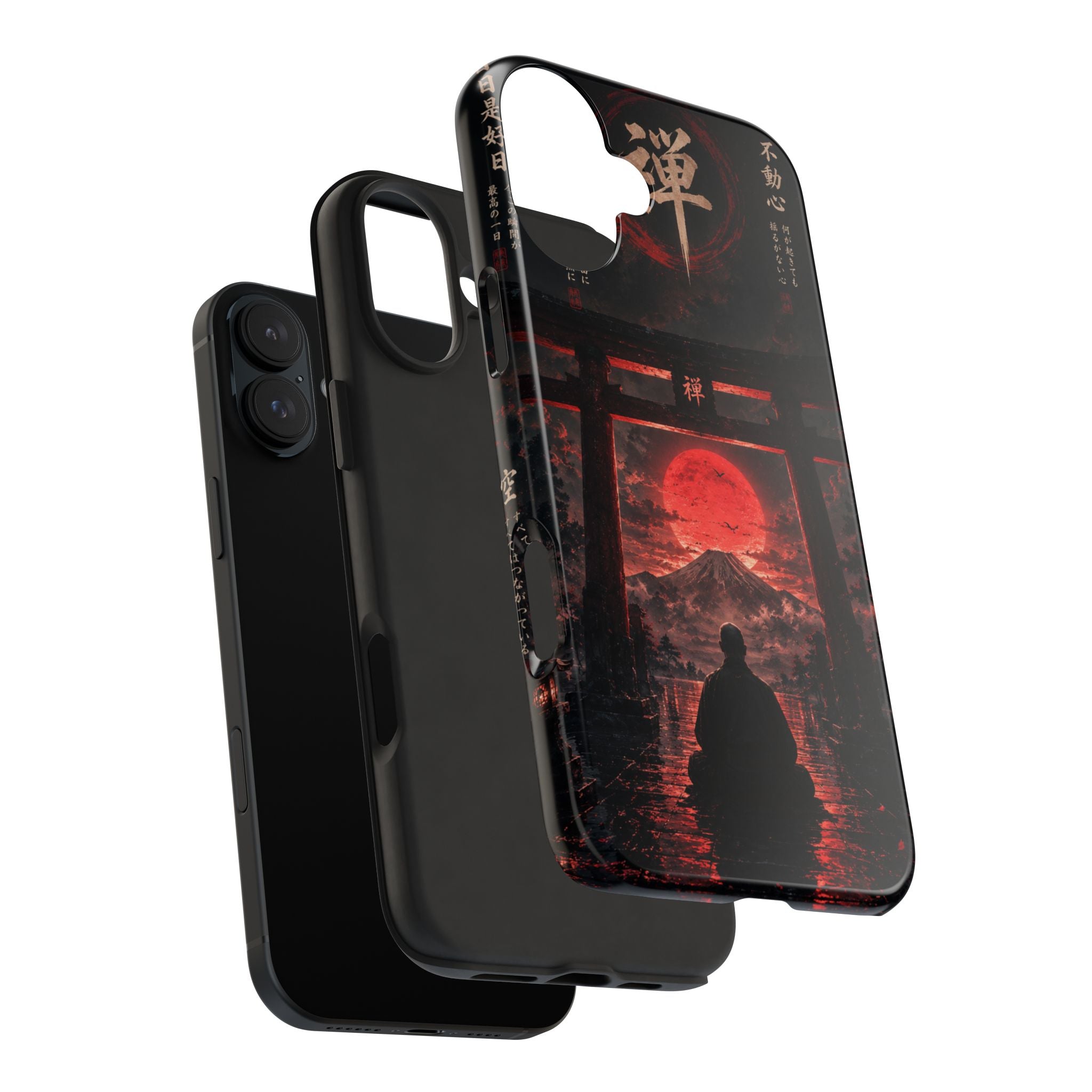 Tough Phone Case — Samurai Silhouette at Red Rising Sun (Japanese Torii, Meditative Design)