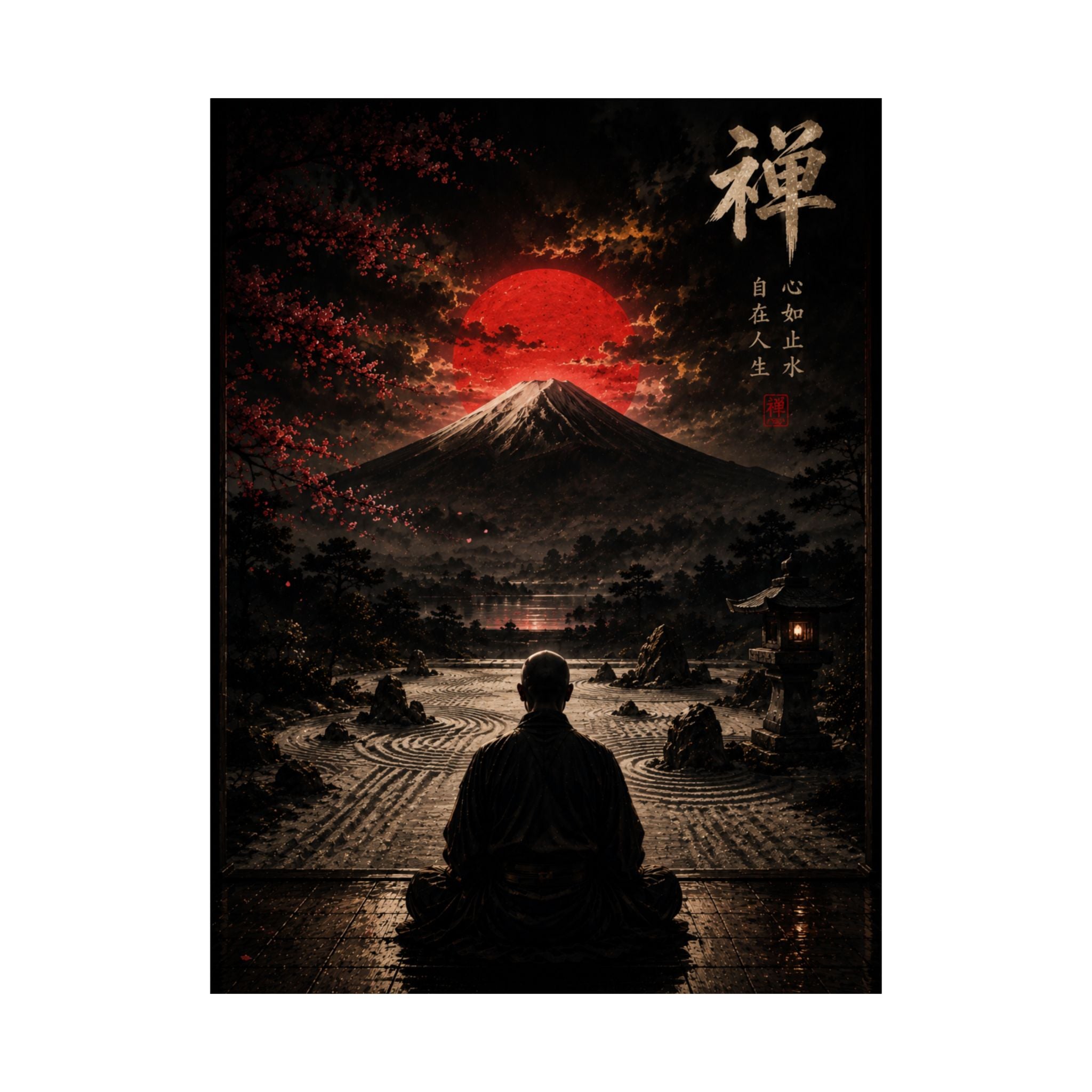 Zen Mountain Poster — Meditating Monk at Mount Fuji with Red Sun (Matte Vertical)