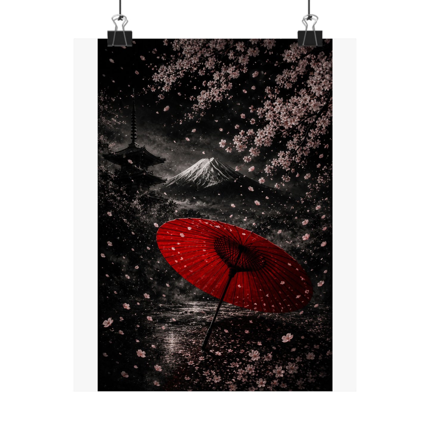 Japanese Cherry Blossom Poster — Red Umbrella & Mt. Fuji Matte Vertical Art