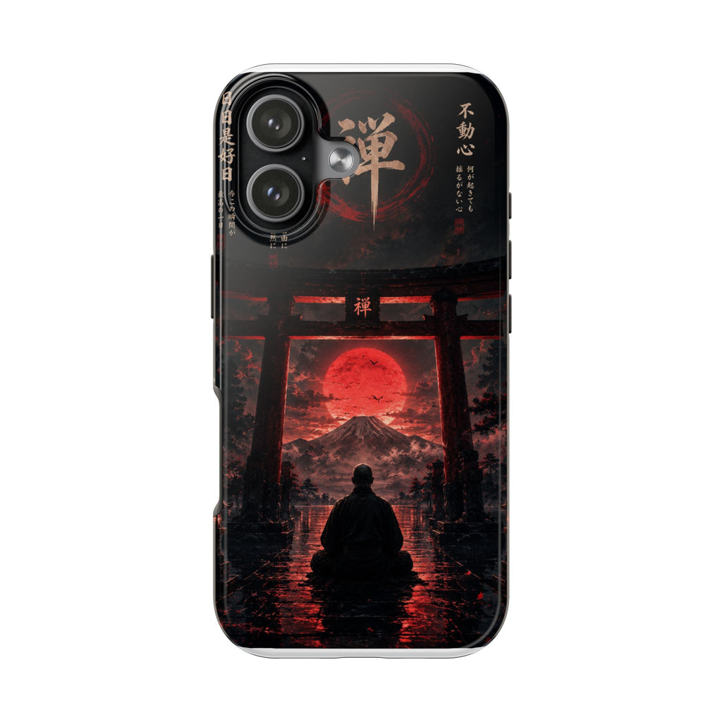 Tough Phone Case — Samurai Silhouette at Red Rising Sun (Japanese Torii, Meditative Design)