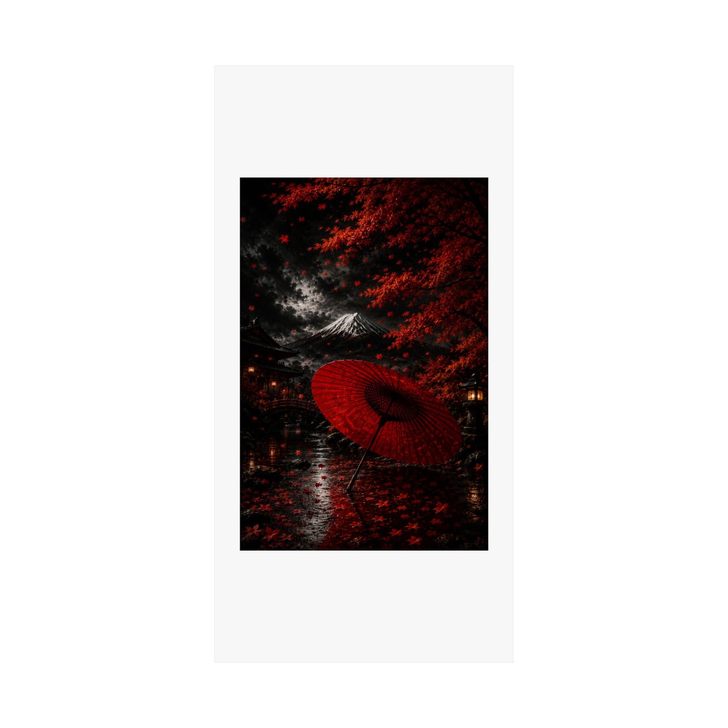 Red Umbrella Autumn Poster — Matte Vertical Japanese Landscape Print