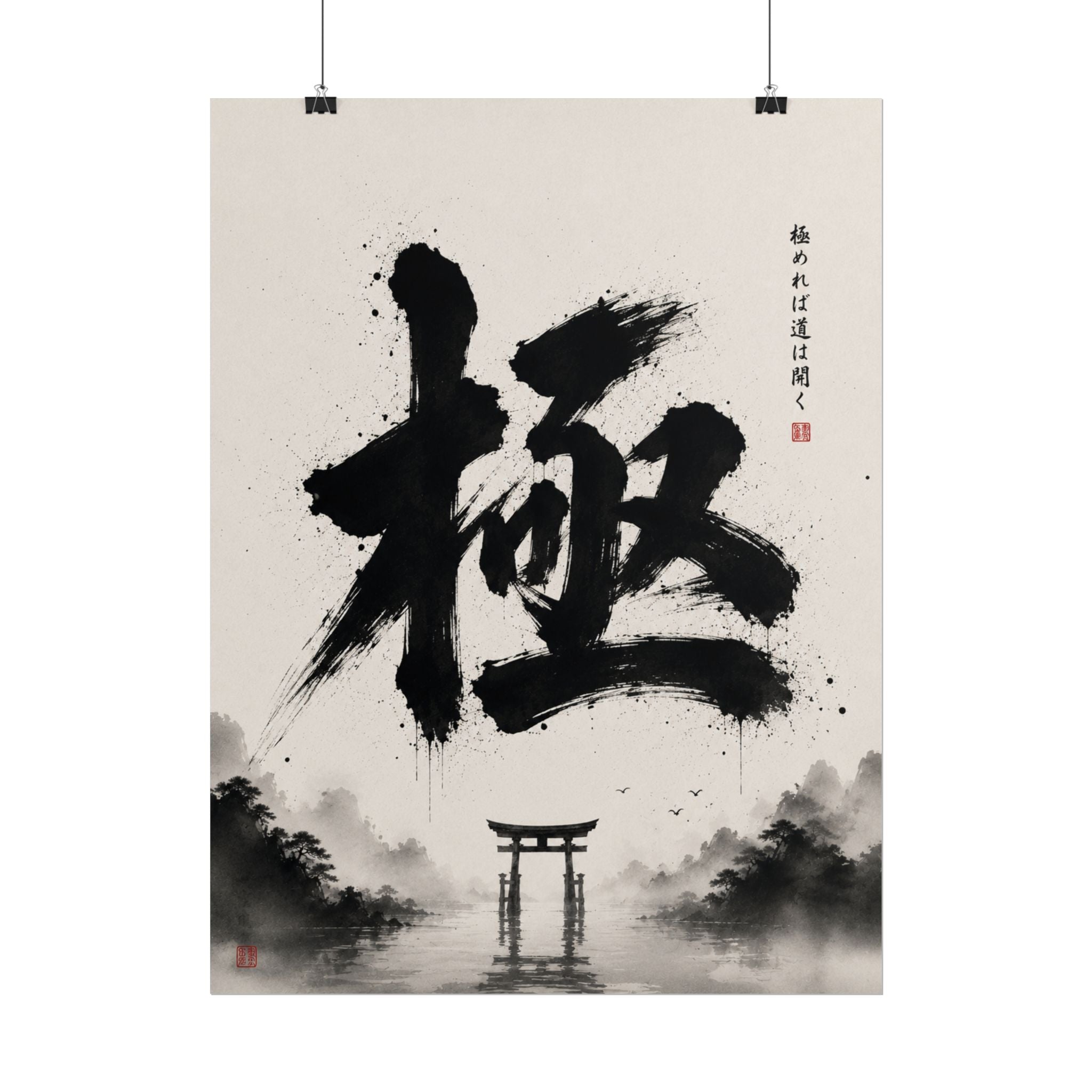 FUJI NOIR Poster — '極' Japanese Calligraphy Rolled Art Print