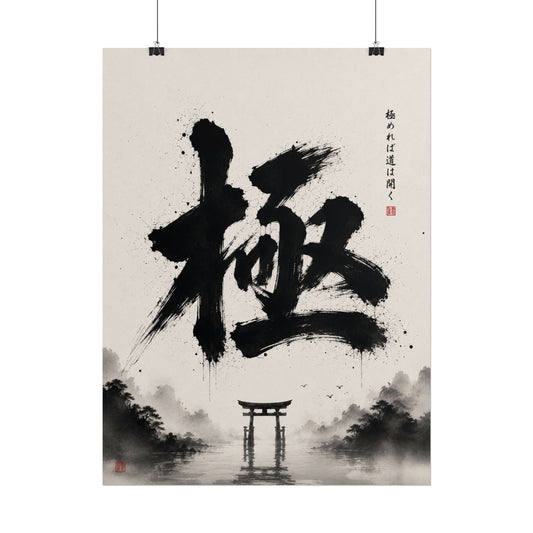 FUJI NOIR Poster — '極' Japanese Calligraphy Rolled Art Print