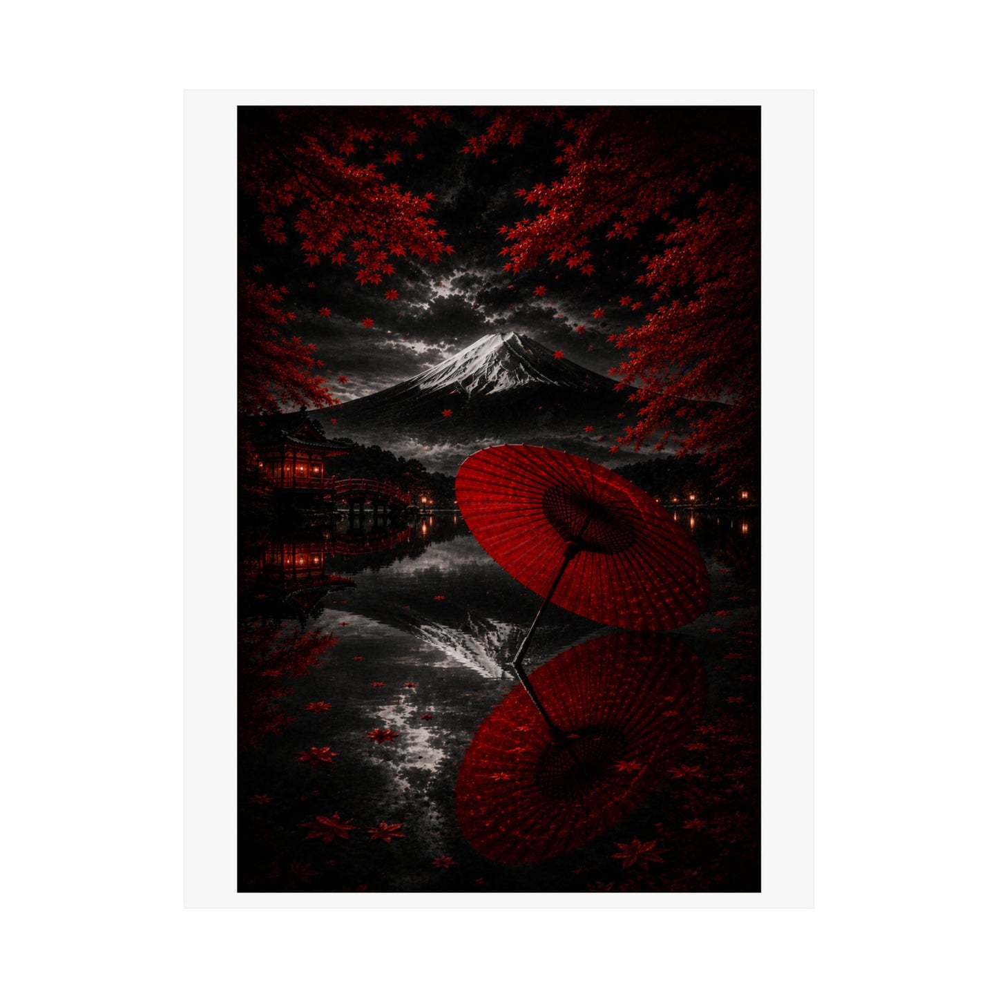 Japanese Red Umbrella & Mount Fuji Matte Poster — Vertical Wall Art