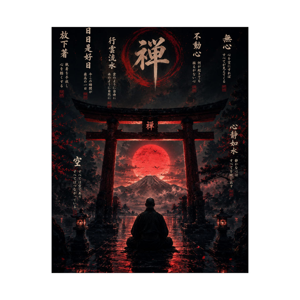 FUJI NOIR Zen Torii Poster — Meditative Samurai Sunset Matte Vertical Print