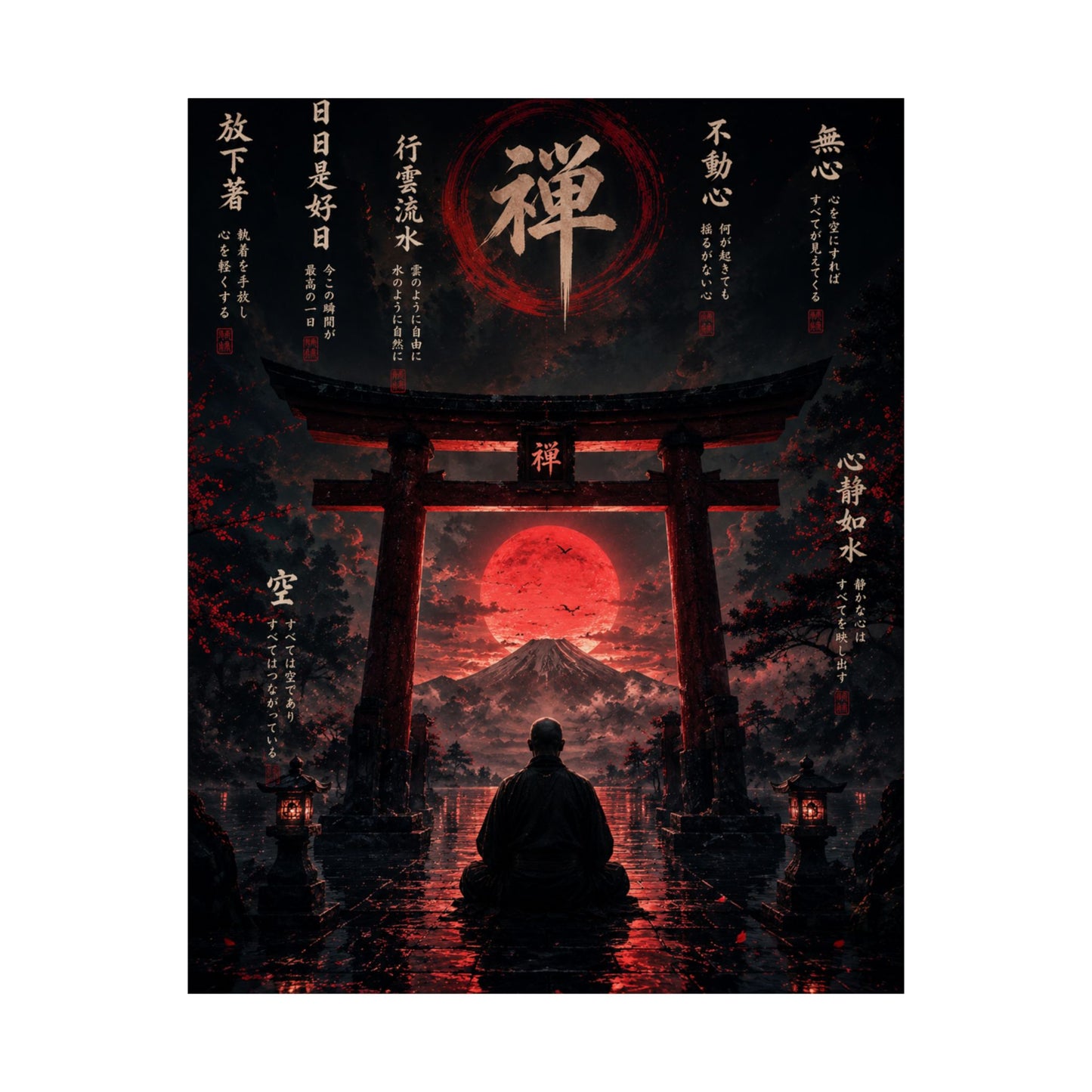 FUJI NOIR Zen Torii Poster — Meditative Samurai Sunset Matte Vertical Print
