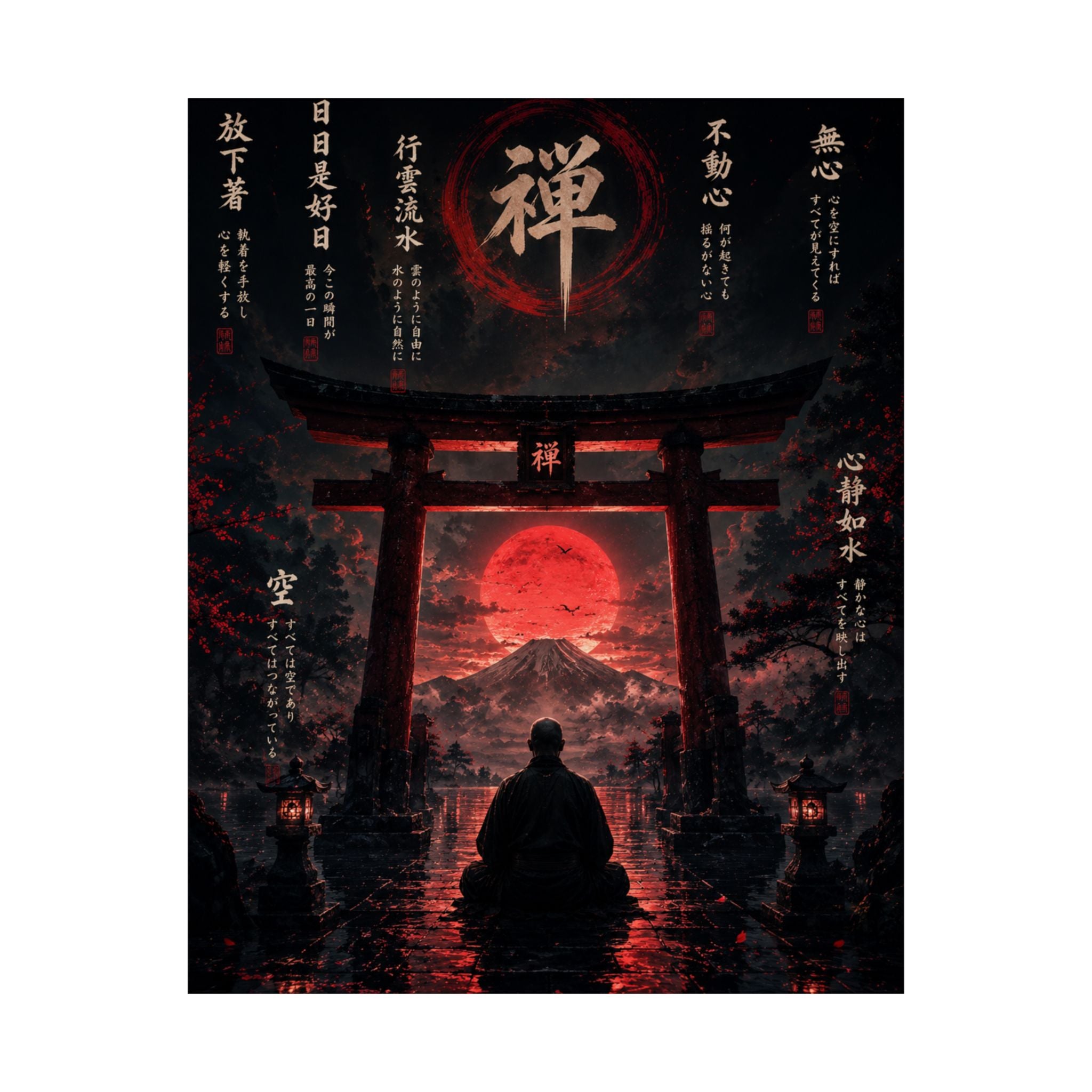 FUJI NOIR Zen Torii Poster — Meditative Samurai Sunset Matte Vertical Print