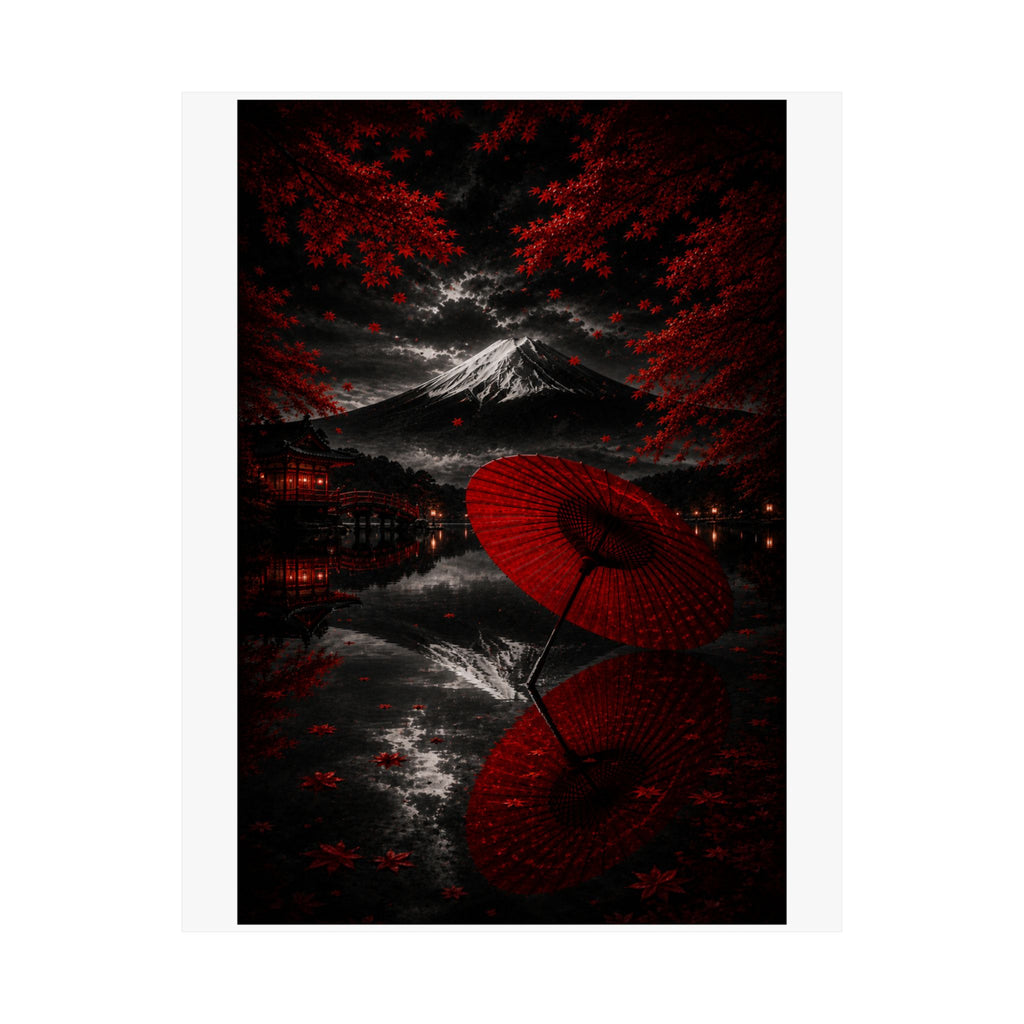 Japanese Red Umbrella & Mount Fuji Matte Poster — Vertical Wall Art
