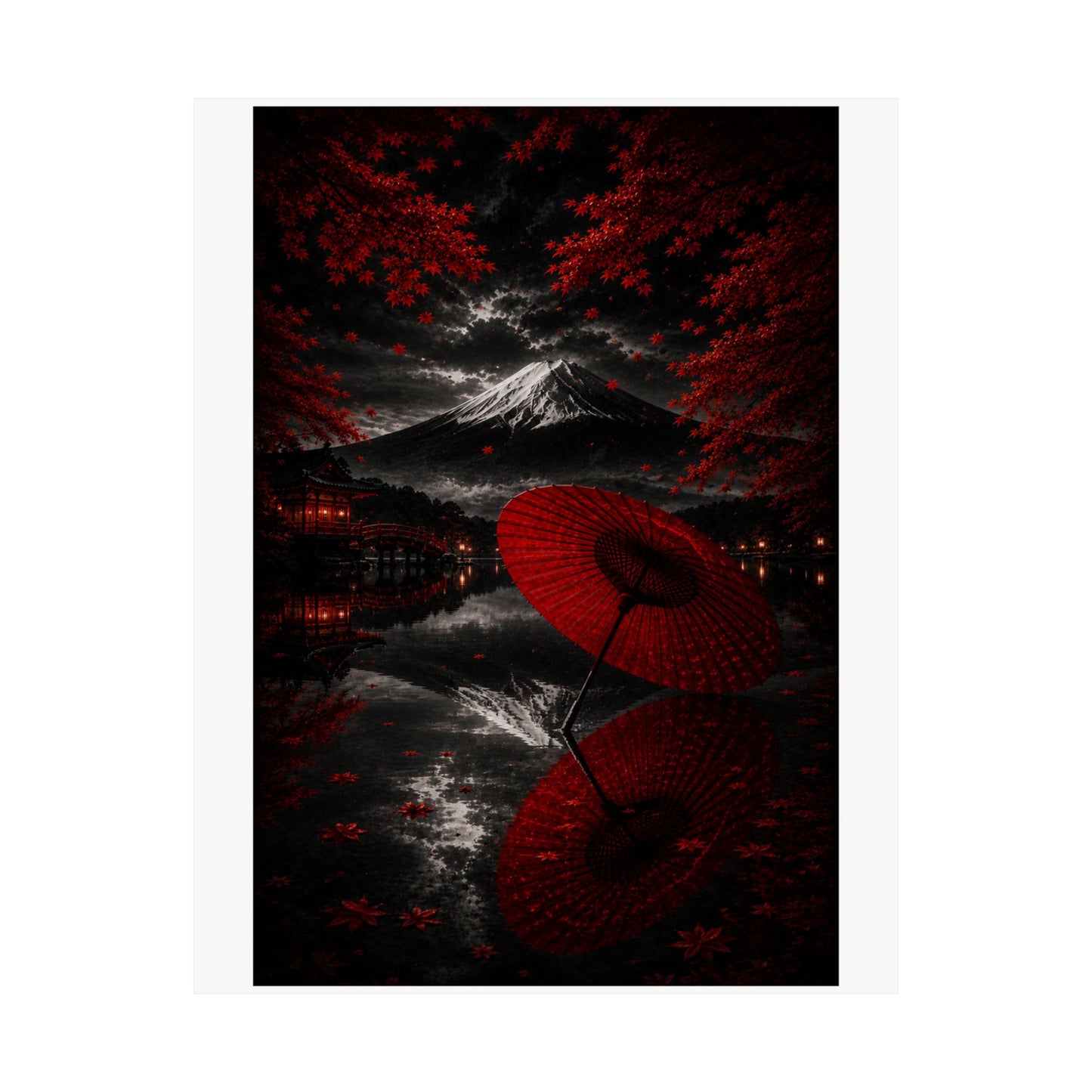 Japanese Red Umbrella & Mount Fuji Matte Poster — Vertical Wall Art