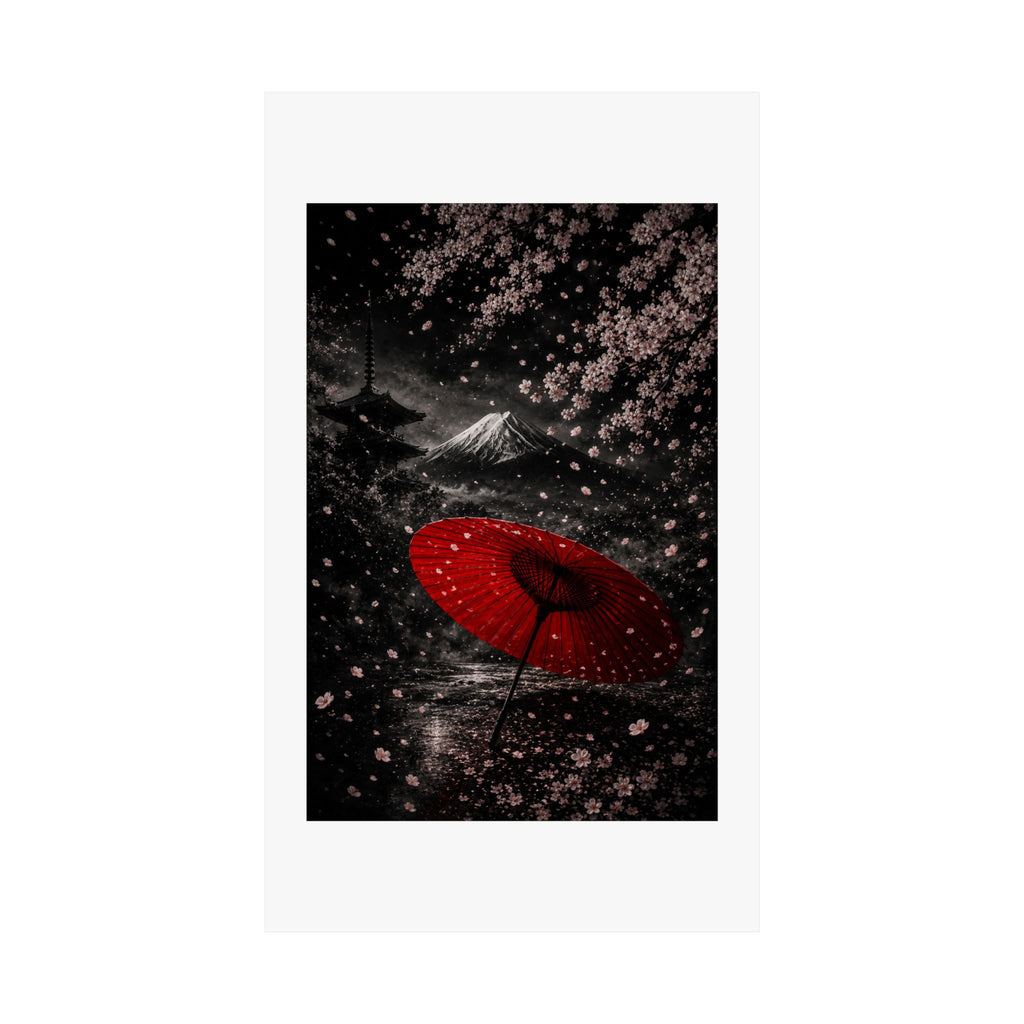 Japanese Cherry Blossom Poster — Red Umbrella & Mt. Fuji Matte Vertical Art