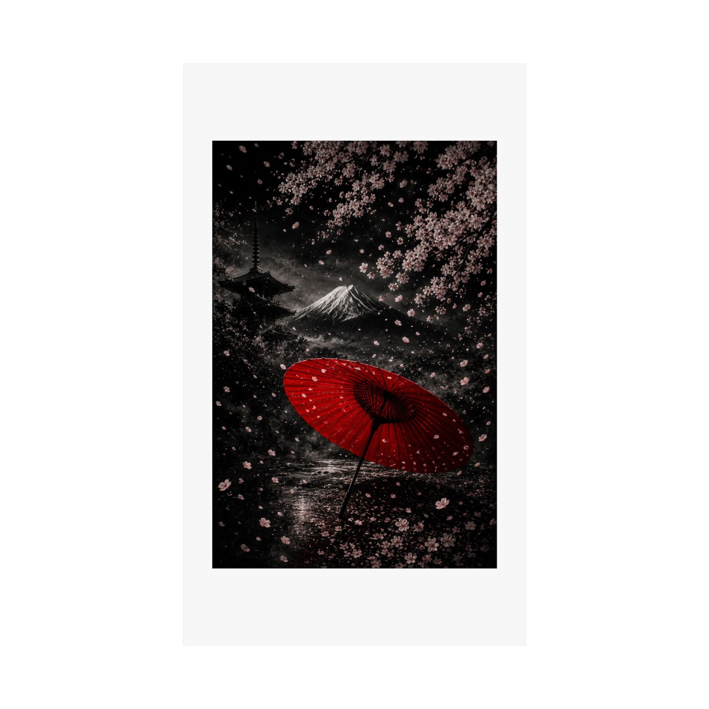 Japanese Cherry Blossom Poster — Red Umbrella & Mt. Fuji Matte Vertical Art