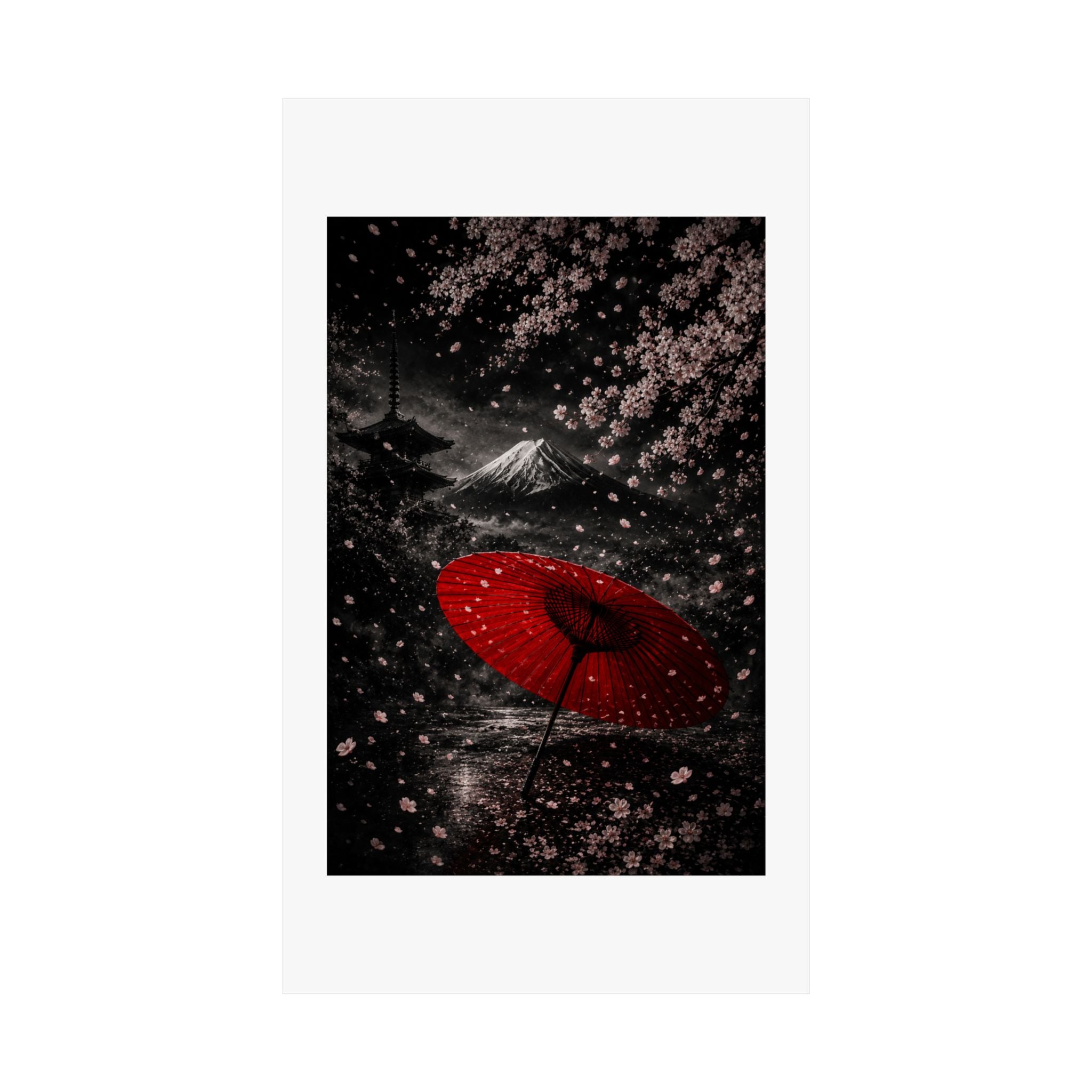 Japanese Cherry Blossom Poster — Red Umbrella & Mt. Fuji Matte Vertical Art