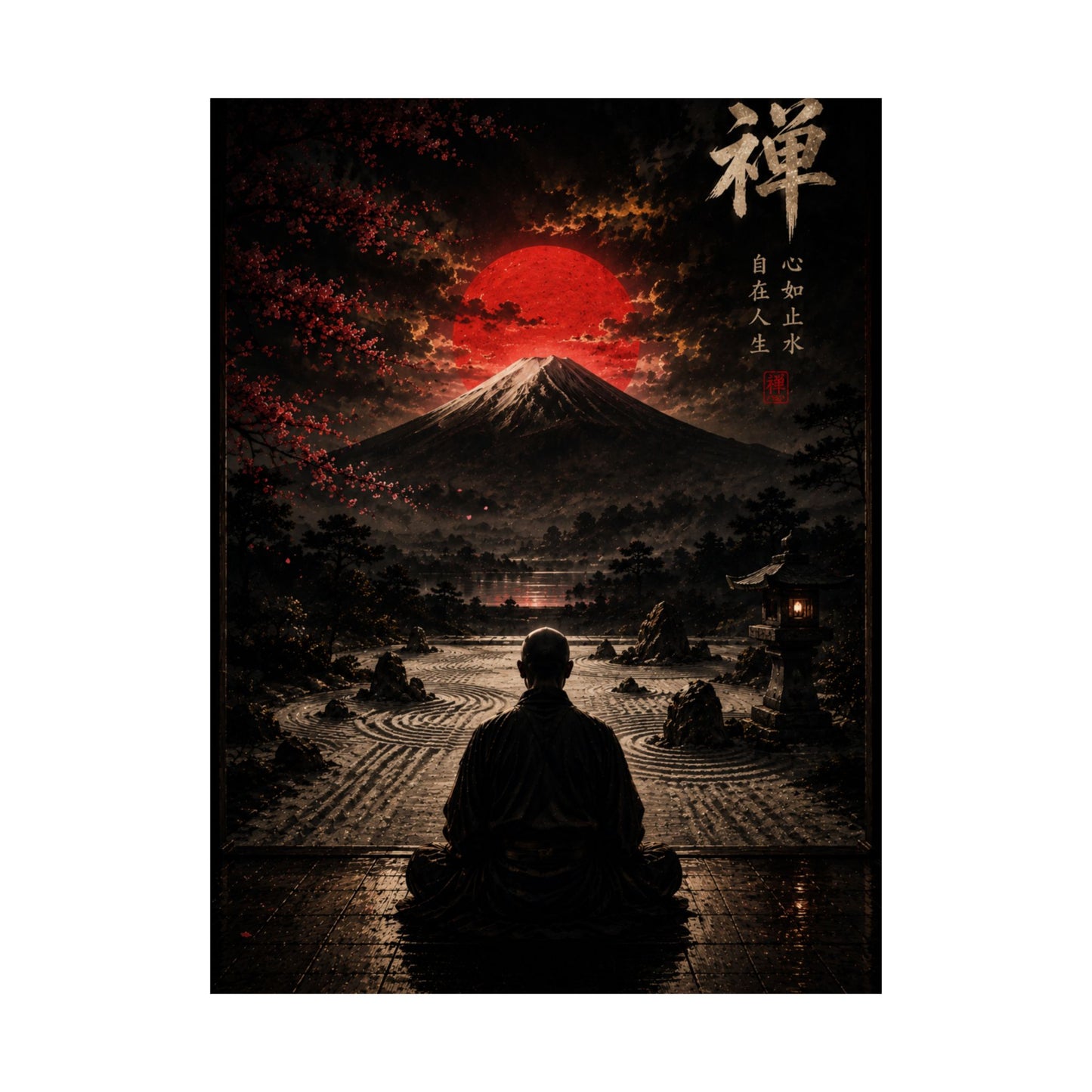 Zen Meditation Poster — Mount Fuji with Red Sun Matte Vertical Art