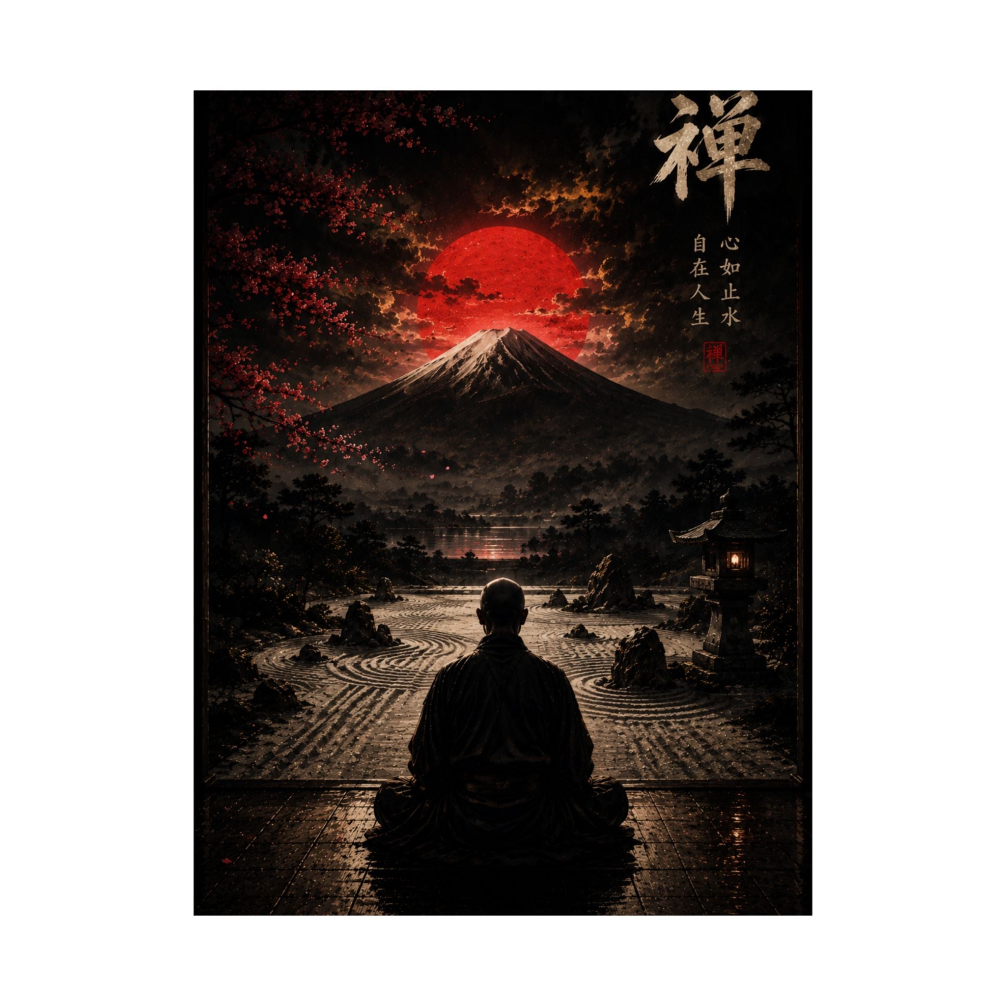 Zen Meditation Poster — Mount Fuji with Red Sun Matte Vertical Art