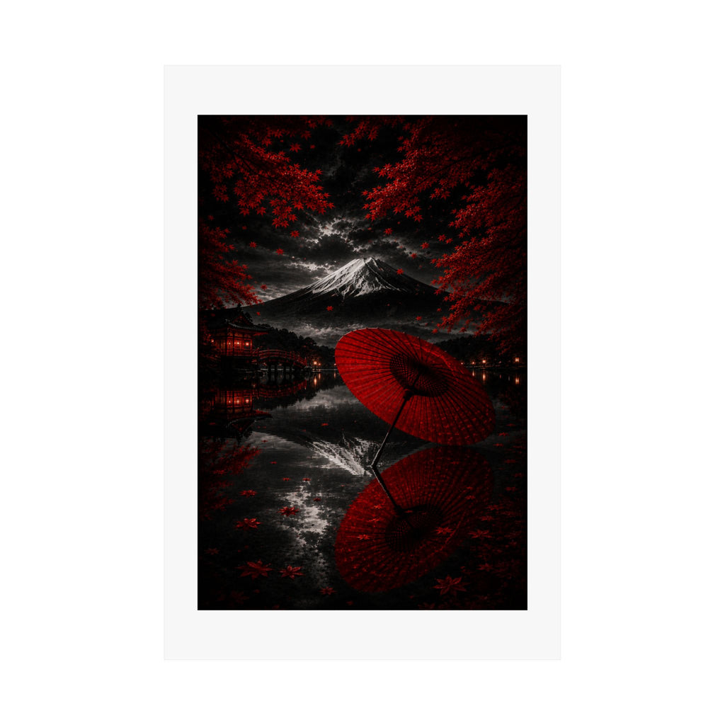 Japanese Red Umbrella & Mount Fuji Matte Poster — Vertical Wall Art