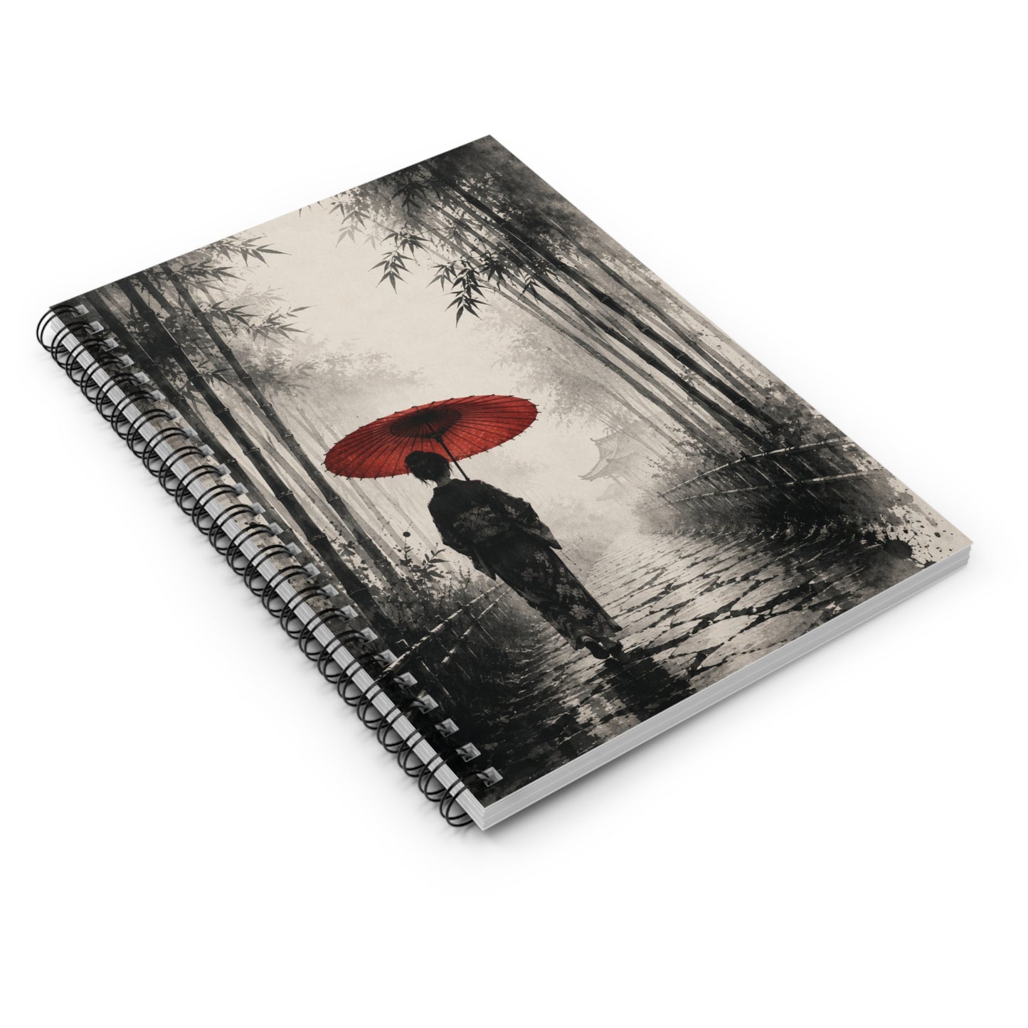 Japanese Geisha with Red Umbrella Spiral Notebook — Lined Journal, Zen Bamboo Path Writing Notebook