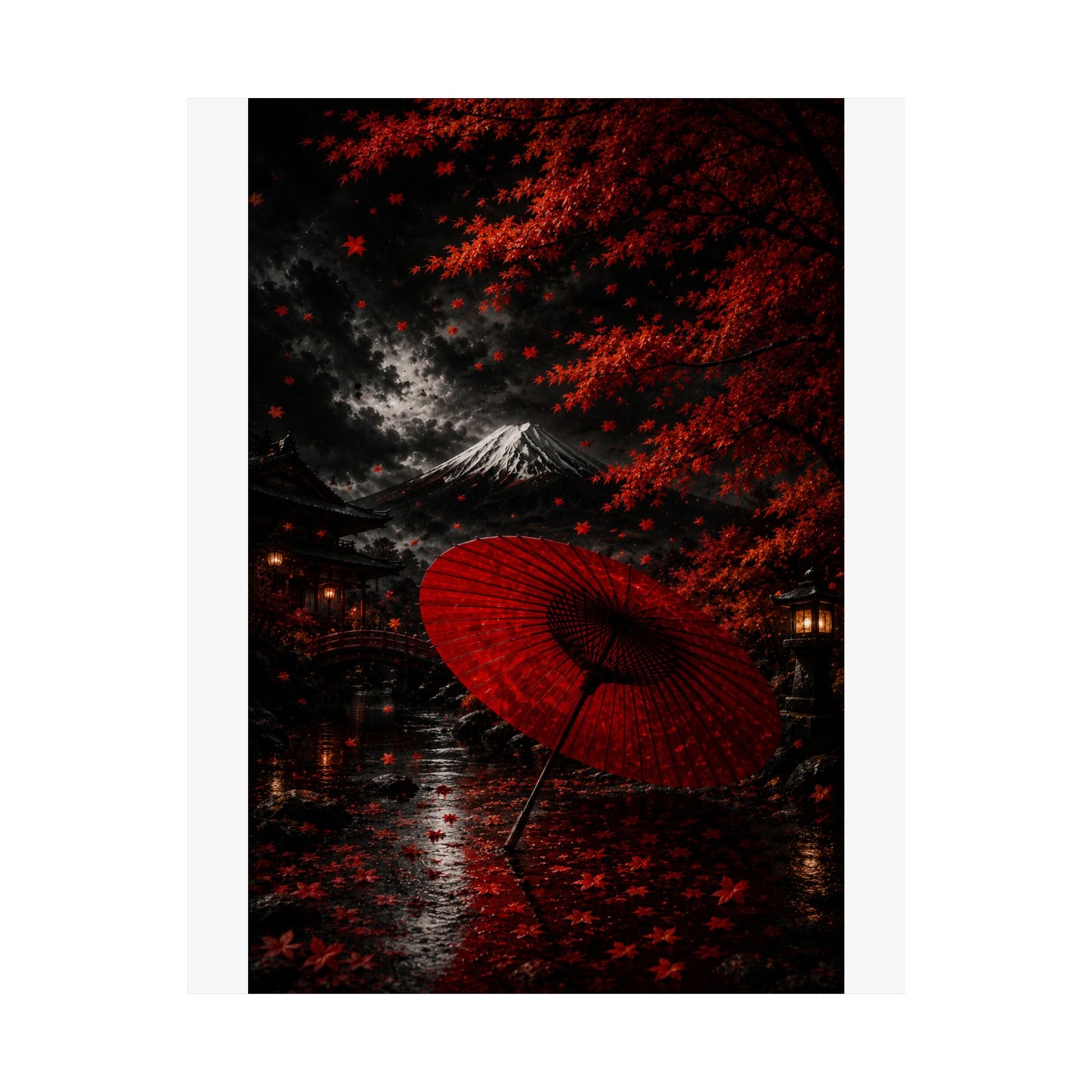 Red Umbrella Autumn Poster — Matte Vertical Japanese Landscape Print