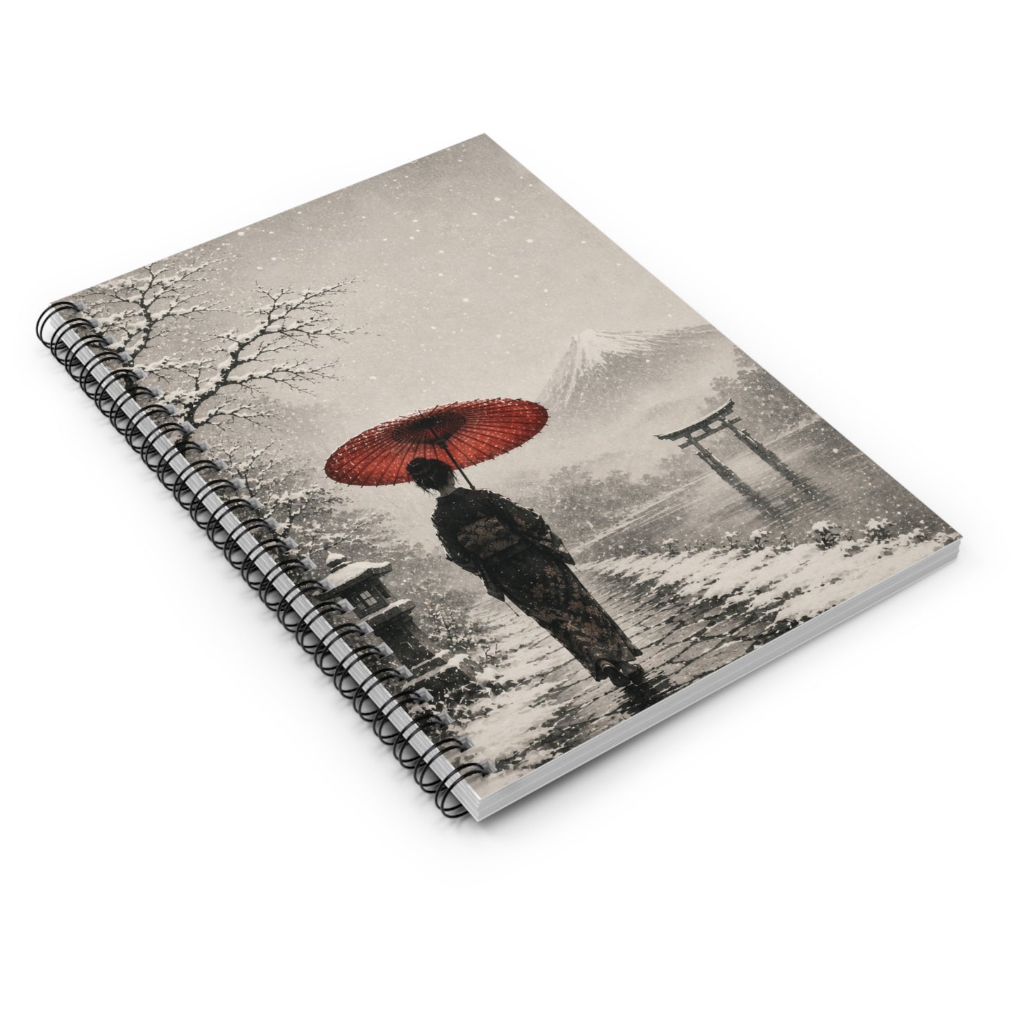 Japanese Winter Scene Spiral Notebook — Woman with Red Umbrella & Mount Fuji Ruled Journal