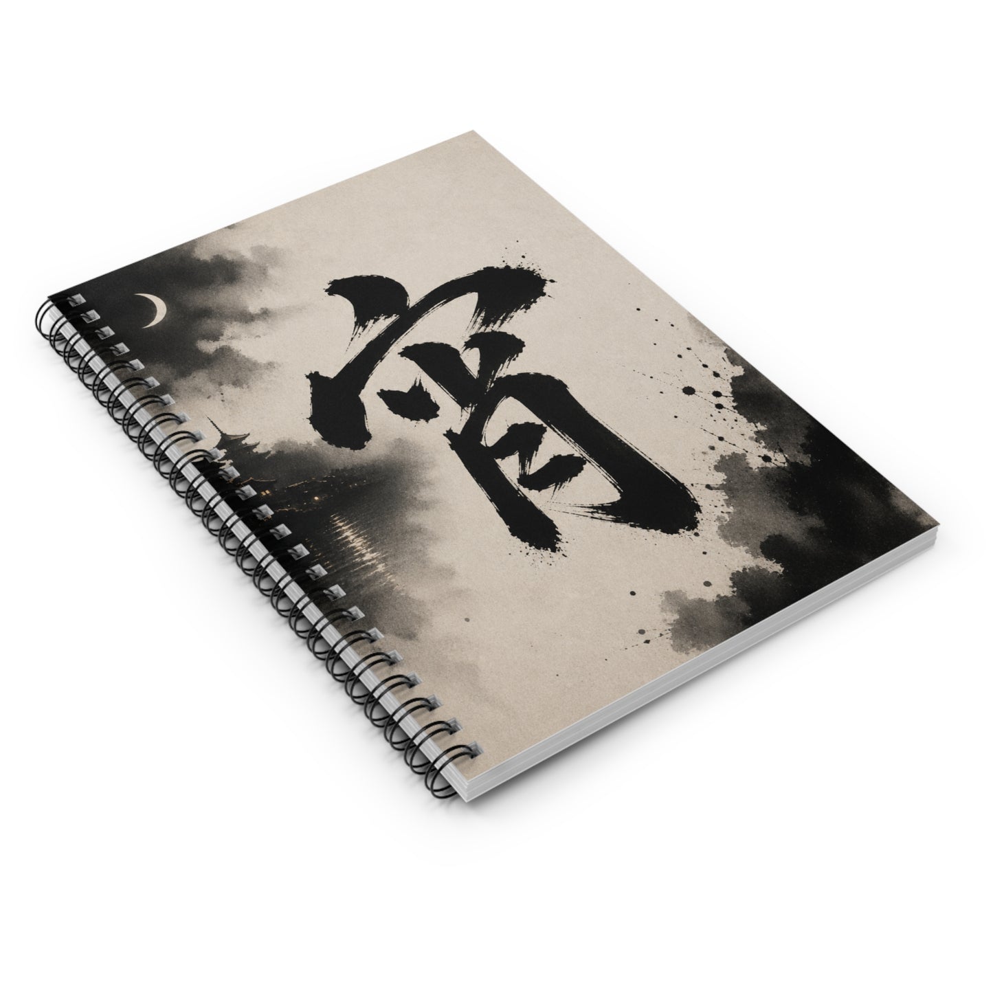 Calligraphy Moon Notebook — Asian Brush Kanji Spiral Journal (Ruled)
