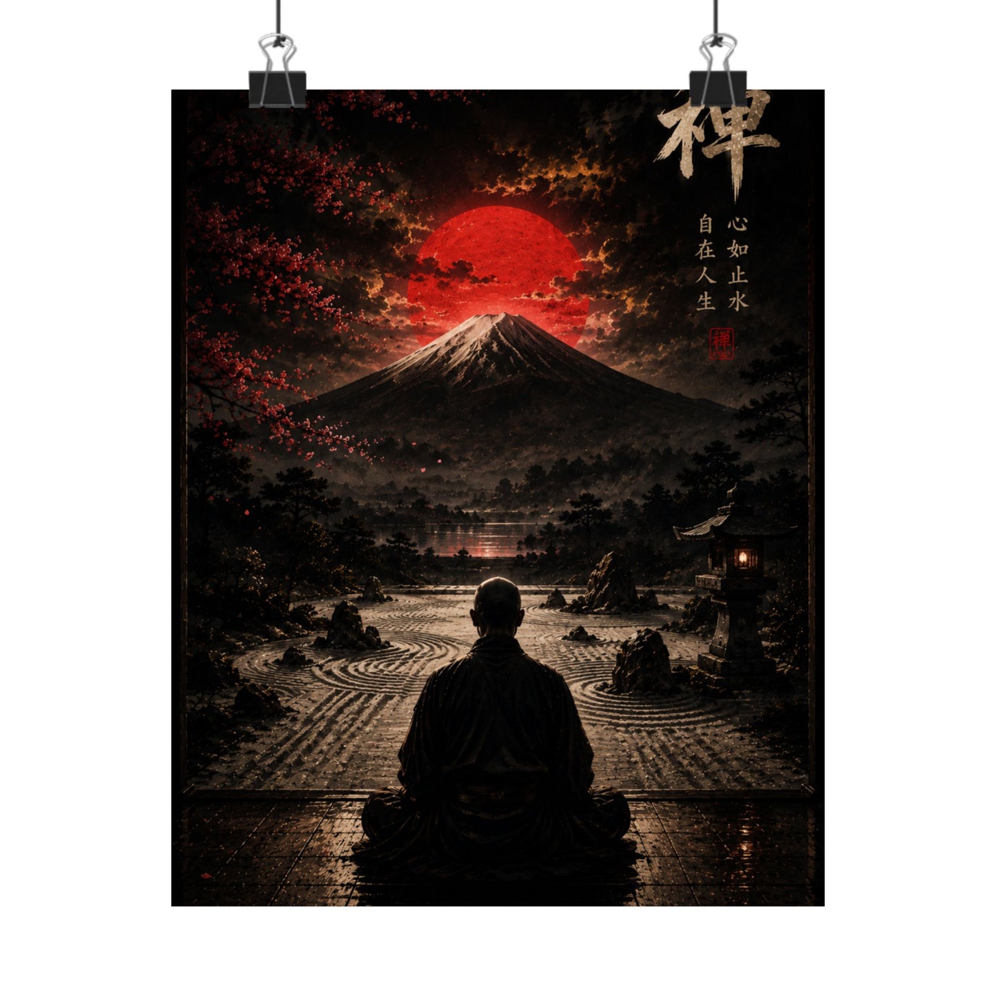 Zen Meditation Poster — Mount Fuji with Red Sun Matte Vertical Art
